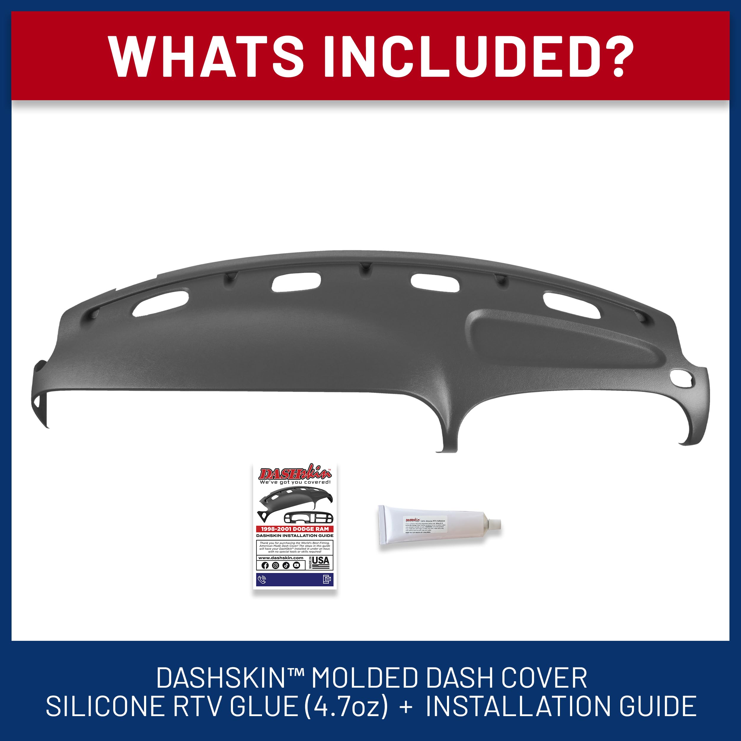 DashSkin American Made (NOT Made in China!) Molded Dash Cover Cap Compatible with 1998 1999 2000 2001 Dodge Ram 1500 (98-02 Ram 2500/3500) in Agate Grey