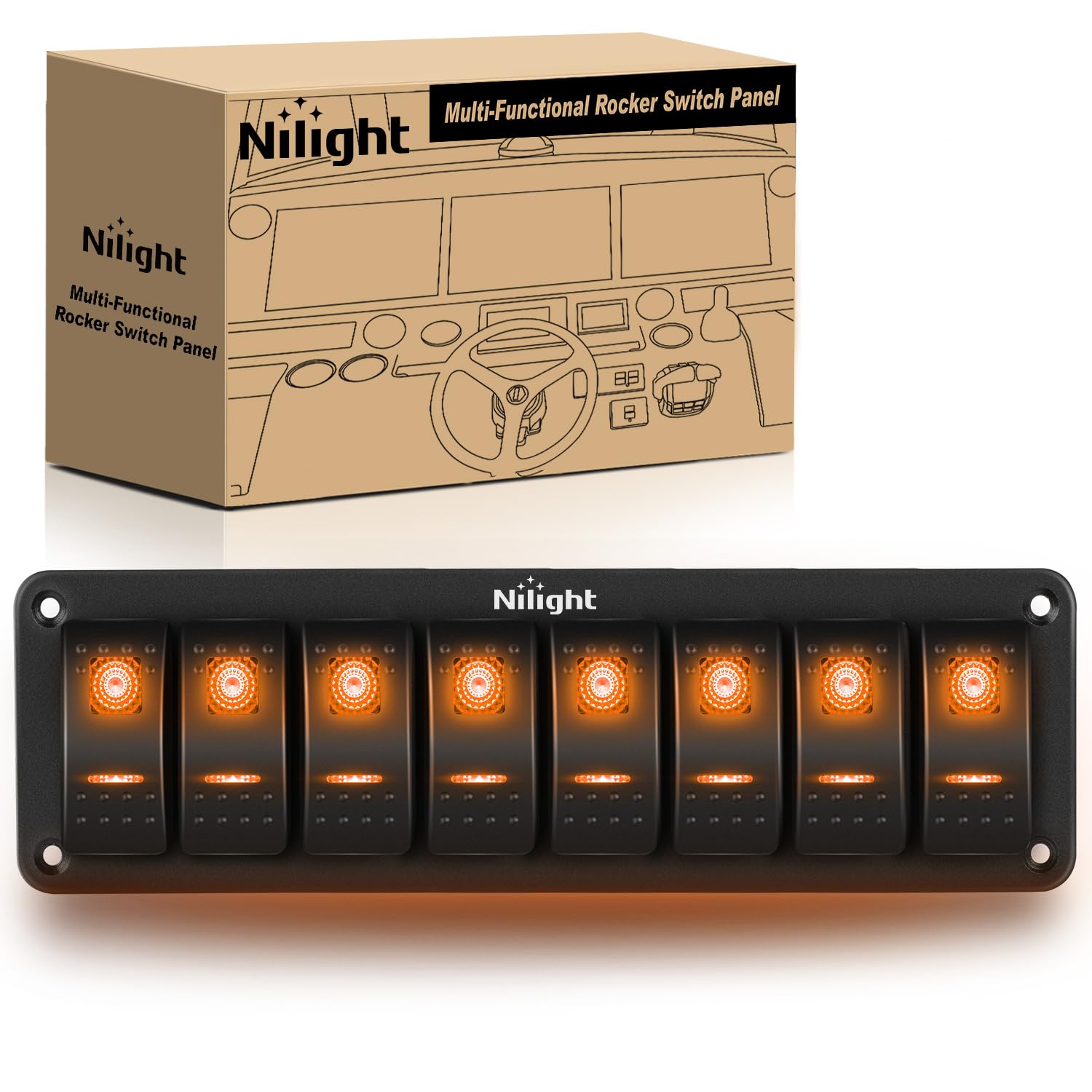 Nilight 8 Gang Rocker Switch Panel With Orange Led Light 5 Pin On Off Pre-Wired Rocker Switch Aluminum Panel Toggle Switch Panel
