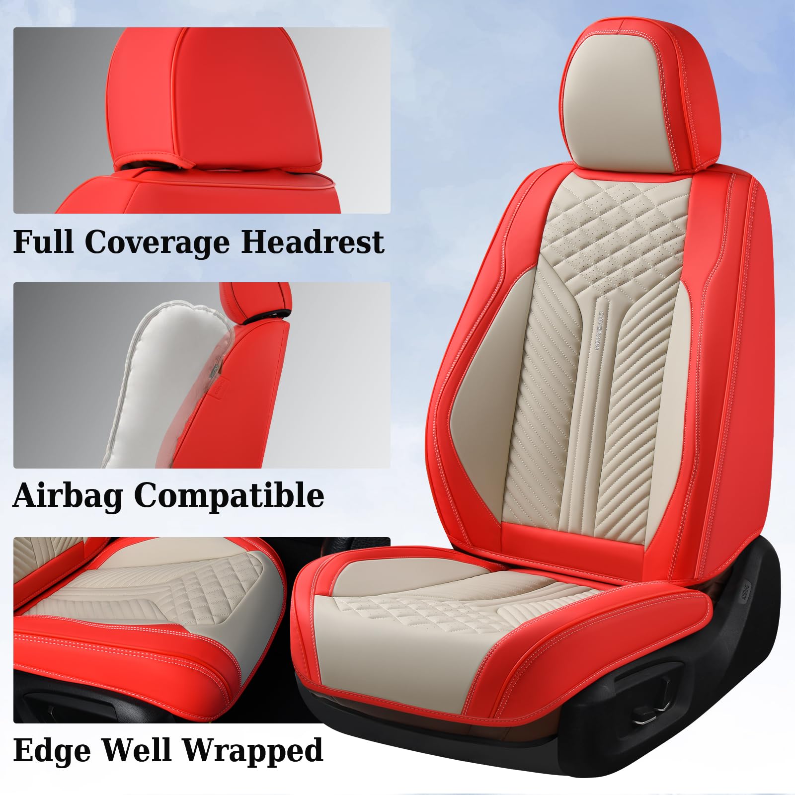 Coverado Leather Car Seat Covers Full Set, 5 Seats Seat Covers For Cars, Waterproof Car Seat Cushions, Front And Rear Seat Prote
