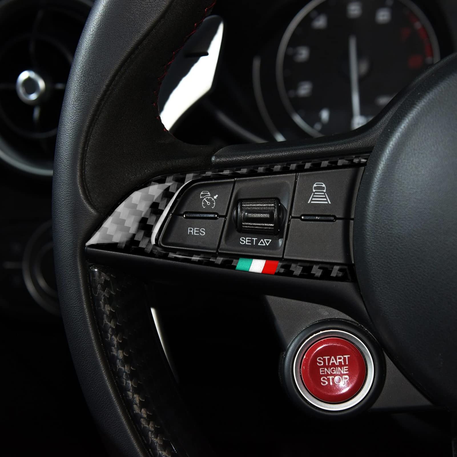 2Pcs Car Steering Trim Sticker Cover Carbon Fiber Decal Fits For Alfa Romeo Giulia Stelvio 2016 2017 2018 2019 Interior Accessories (Black)