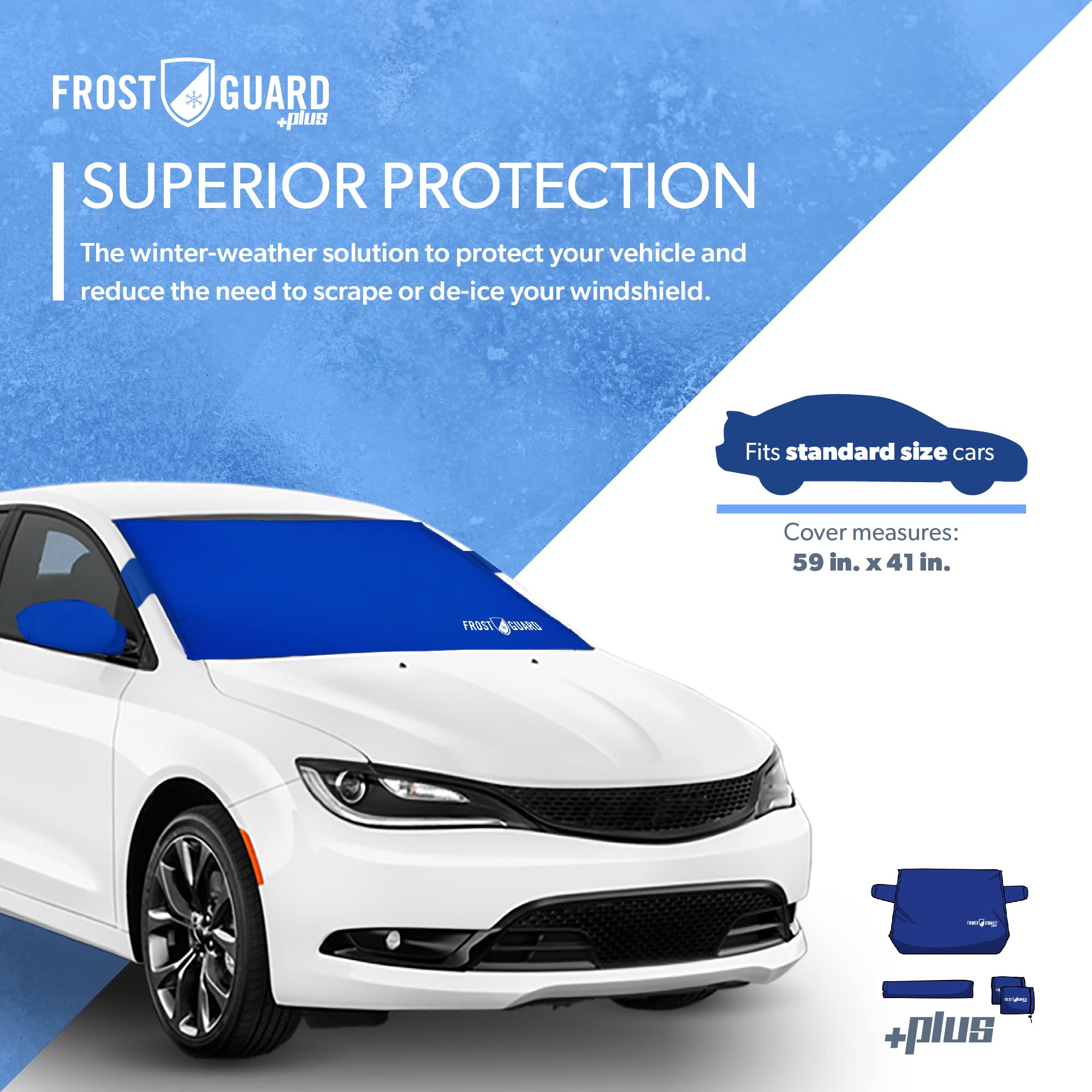 Frostguard Plus | Winter Windshield Cover For Ice And Snow, Standard Size (Indigo) - Built-In Security Panels, Wiper Blade Cover