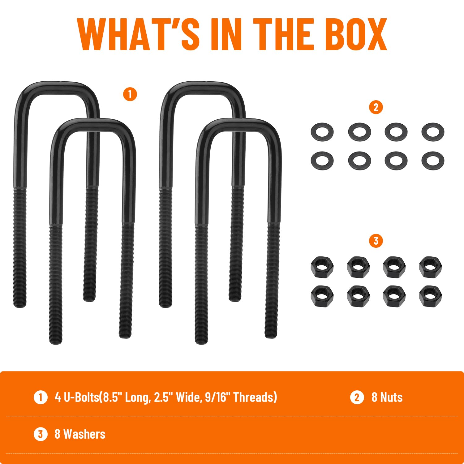 Racewill 4pcs Extended Square Bend U-Bolts 8.5'' Long x 2.5'' Wide x 9/16'' Threads with Hardware