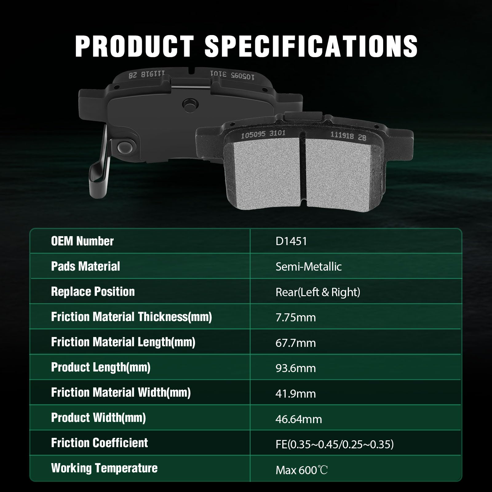 Automuto 4Pcs Rear Semi-Metallic Disc Brake Pads Set D1451 For Acura Tsx 2009-2010,For Honda For Accord 2008-2012