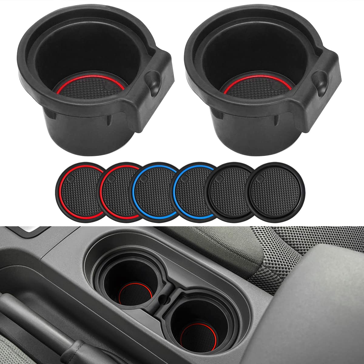 Auovo 2 Pcs Cup Holder Inserts Replacement For Frontier 2005-2019 Xterra 05-15 Pathfinder 05-12 Replace 96975-Ea000 96975-Zs00A(With 3 Pairs Of Tpe Coasters In Red Blue All Black)