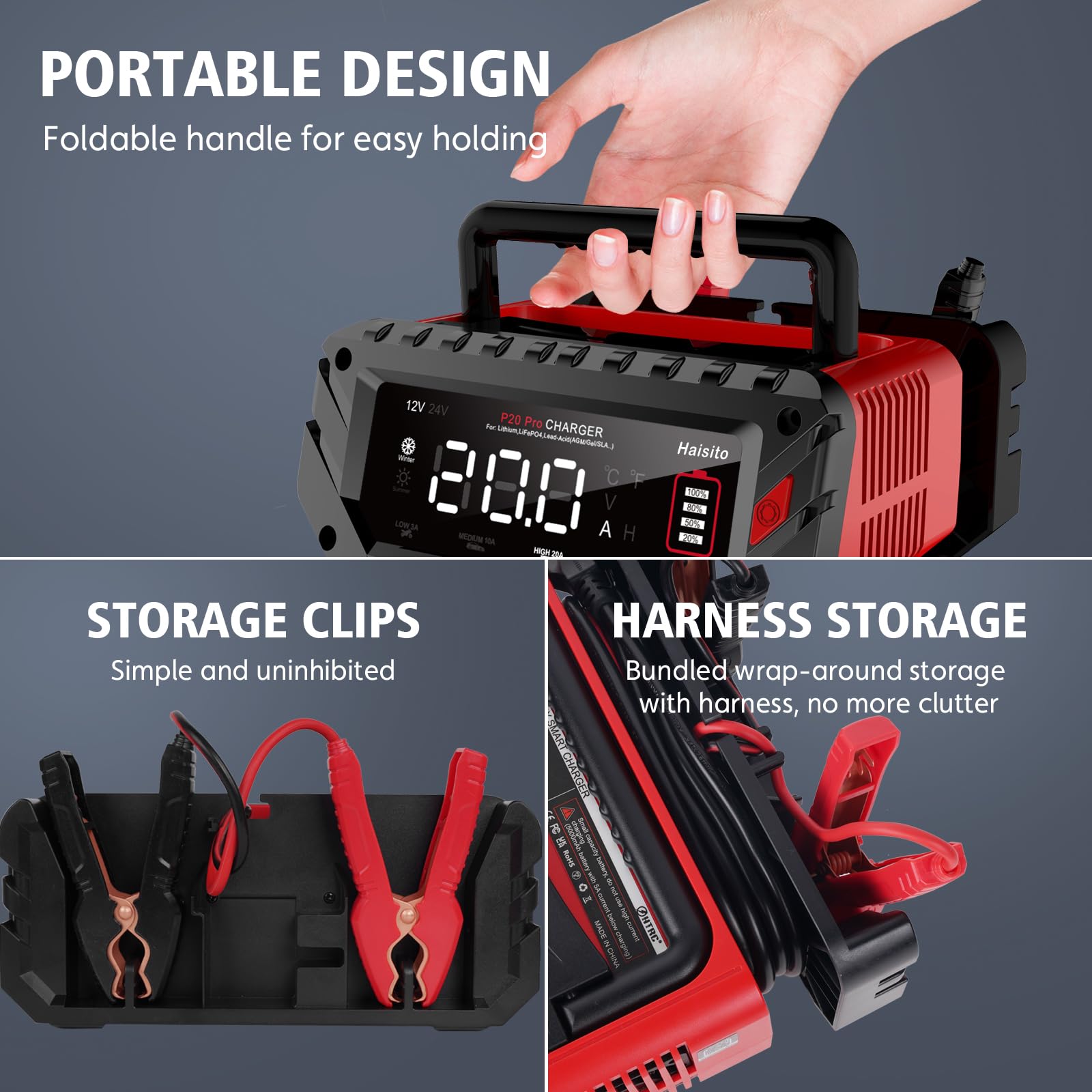 Haisito 20 Amp Lithium Battery Charger, 12V And 24V Lifepo4,Lead-Acid(Agm/Gel/Sla..) Portable Car Battery Charger,Battery Mainta