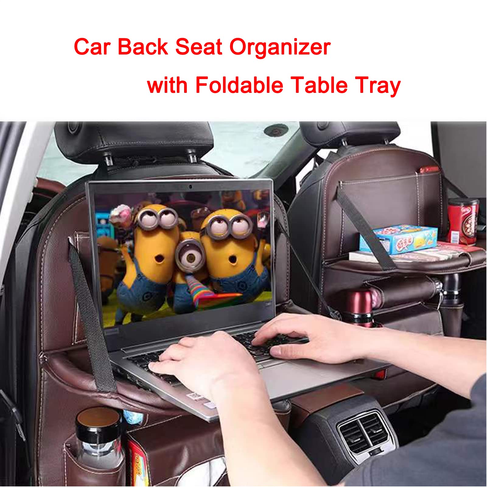 ASENDIWAY Premium PU Leather Backseat Seat Organizer with Foldable Table, Multi-Storage Pockets and Adjustable Buckle Strap - Be