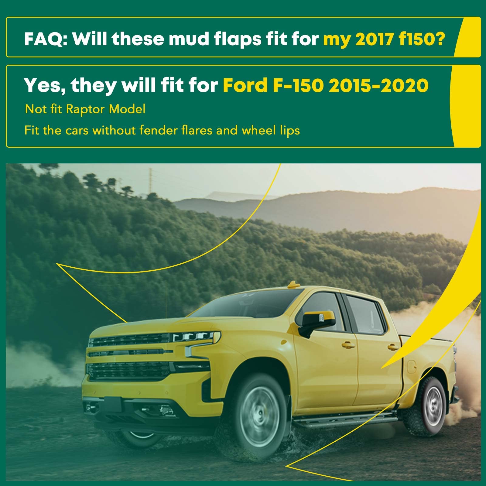 YHTAUTO Set of 4 Mud Flaps Splash Guards Accessories Replacement for Ford F-150 2015-2020 Pickup, Without Factory Fender Flares,