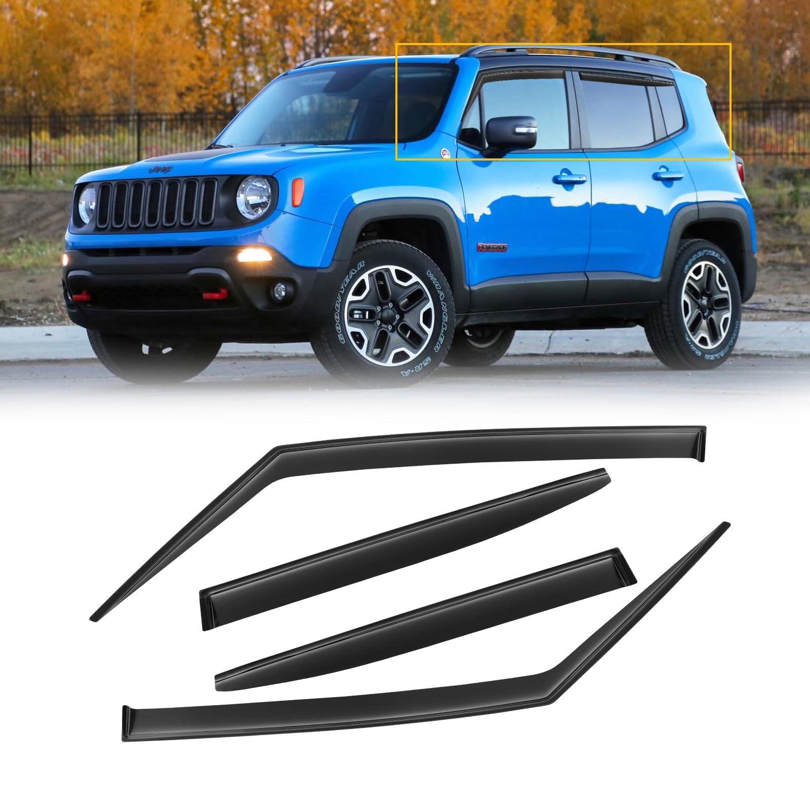 Cmvt Auto Window Visors For Jeep Renegade 2015-2024, Rain Guards Shields Vent Shade Deflector Dark Smoke 2016 2017 2018 2019 202