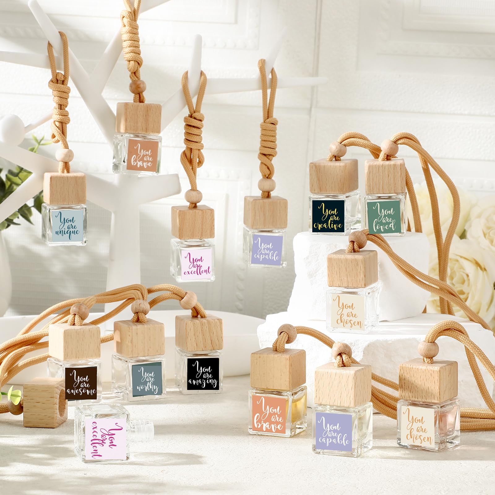 Teenyyou 20 Pcs Thank You Gift Bulk Car Air Freshener Diffuser Hanging Ornament Empty Glass Essential Oil Diffuser Employee Teac