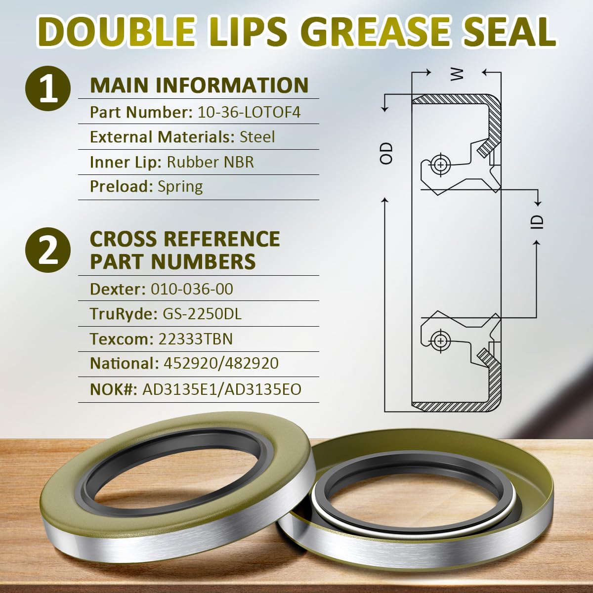 Nooto 4 Pack 10-36-Lotof4 Double Lip Grease Seal 2.25 X 3.376 For Dexter 010-036-00, Truryde Gs-2250Dl, Texcom 22333Tbn, National 452920, 482920, Nok Ad3135E1, Ad3135Eo