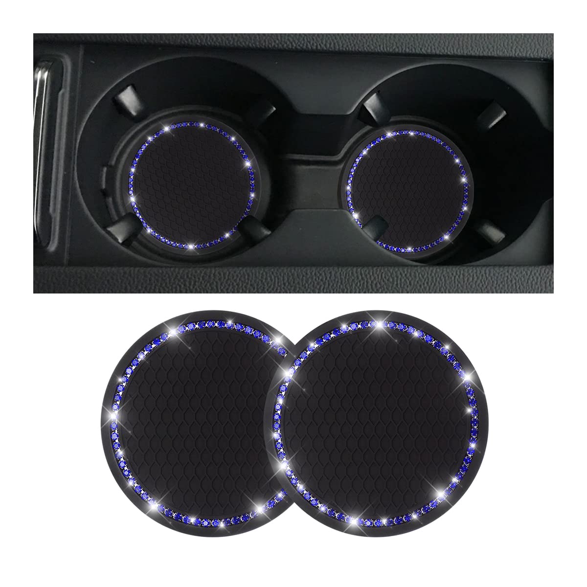 Car Cup Holder Coaster, 2 Pcs Universal Bling Crystal Rhinestone Car Accessories 2.75 Inch Auto Anti Slip Cup Holder Insert Mat Pad Set,Suitable For Most Car Interior (Black/Deep Blue)