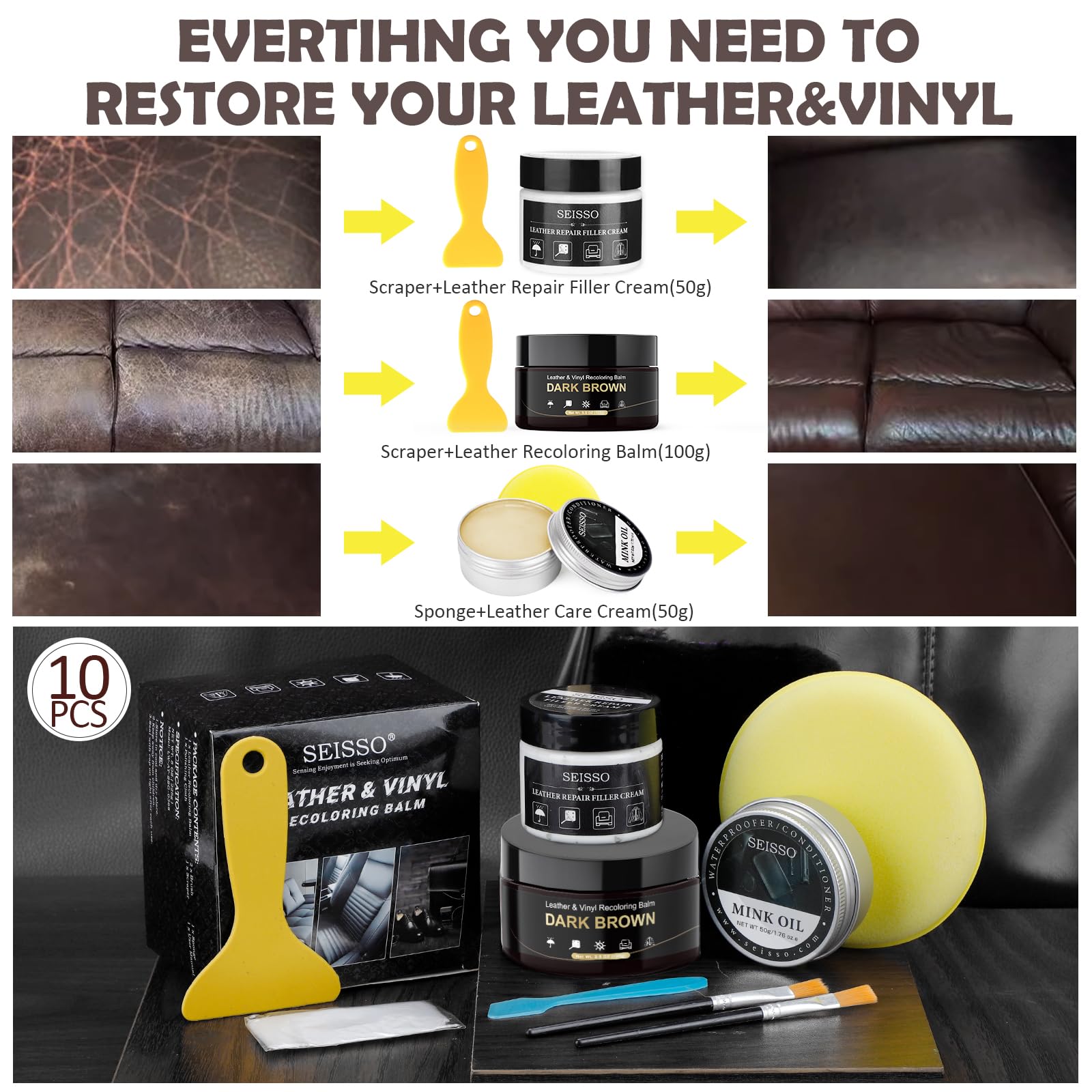 SEISSO Leather Repair Kit for Furniture, Dark Brown Vinyl Repair Kit with Mink Oil Car Interior Leather Recoloring Balm for Scra