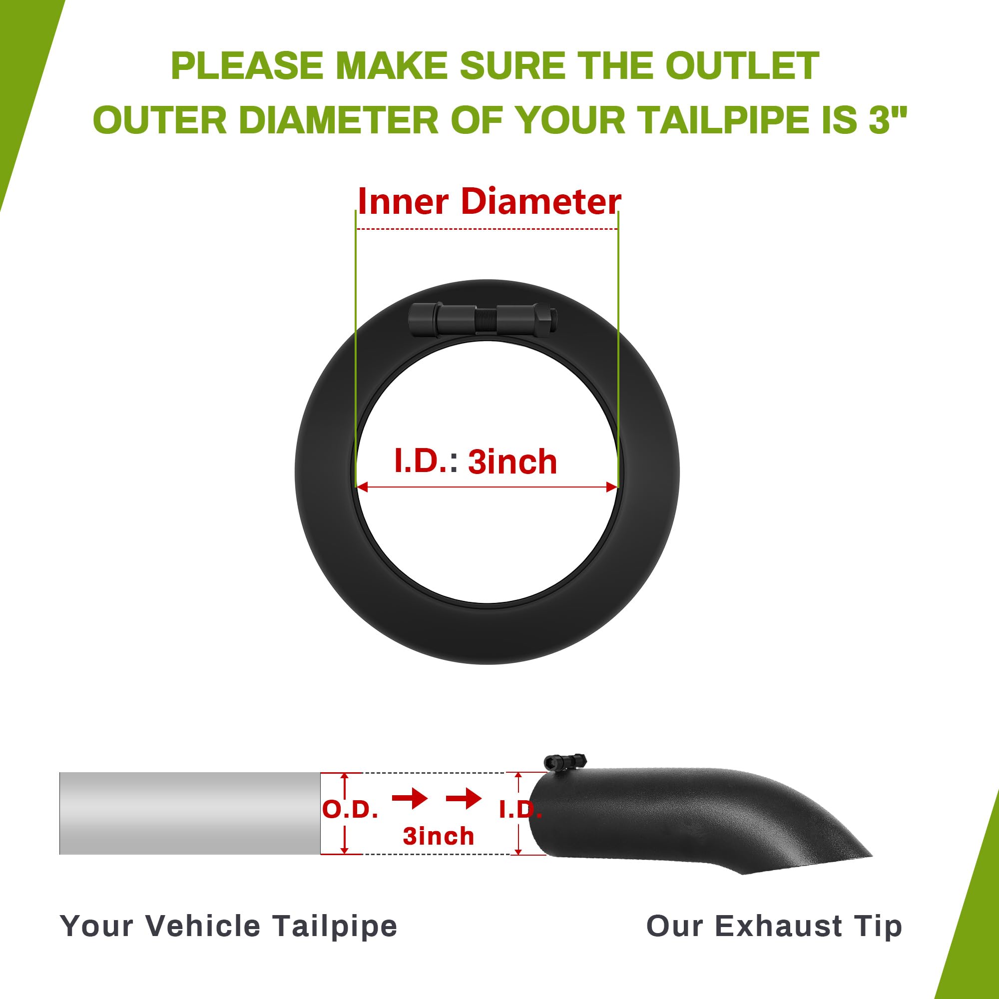 AUTOSAVER88 3 Inch Black Exhaust Tip, 3'' Inlet 3'' Outlet 12'' Long Powder Coated Finish Stainless Steel Turndown Diesel Exhaus