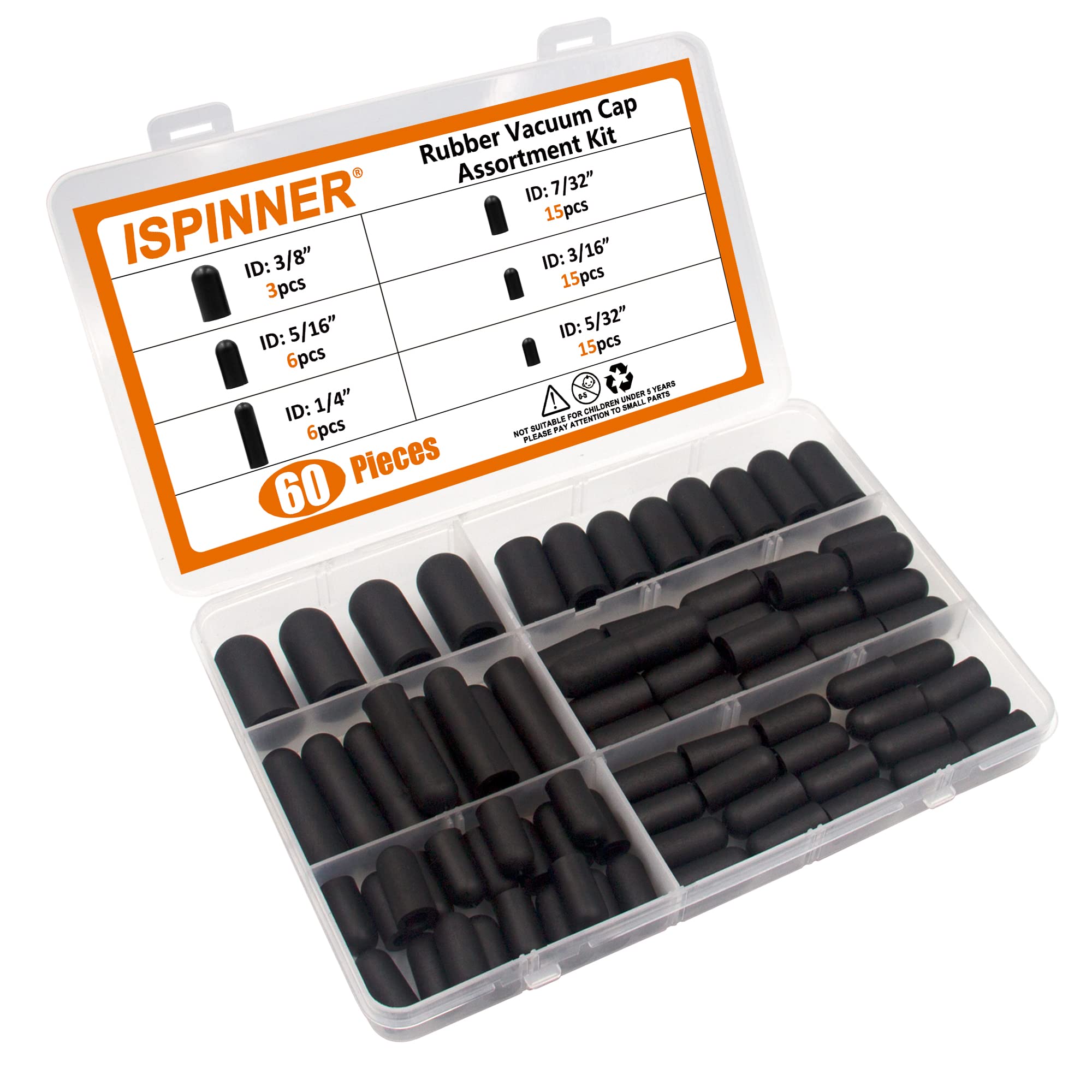 Ispinner 60Pcs Rubber Vacuum Caps Assortment Kit, Hose End Caps For Carburetor, Manifold, Automotive 3/16' 5/32' 7/32' 1/4' 5/16' 3/8'
