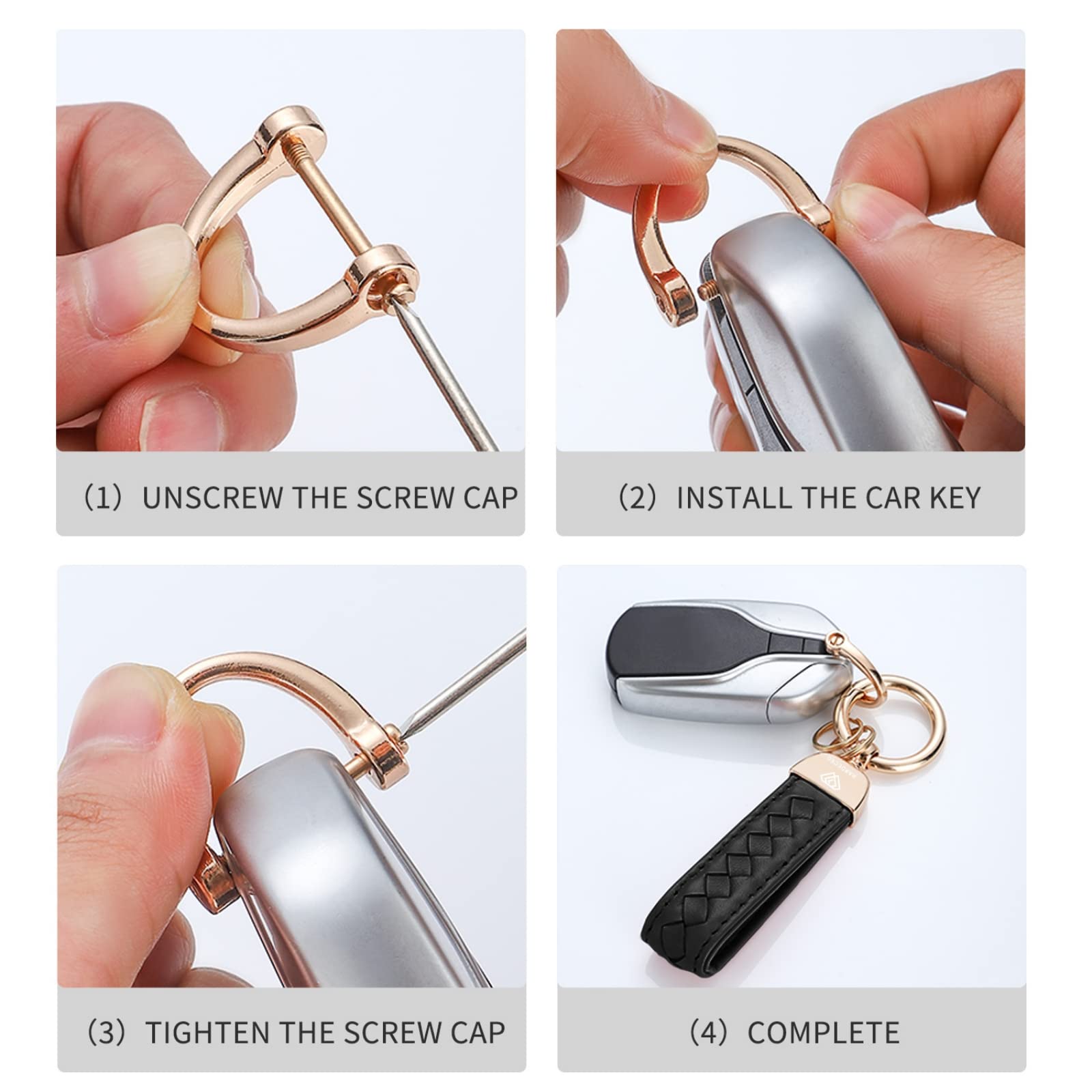 Hamdecro Black Genuine Leather Car Keychain, Handmade Sheepskin Key Fob Holder with 360° Rotatable D-Ring & 2 Keyrings, One Size