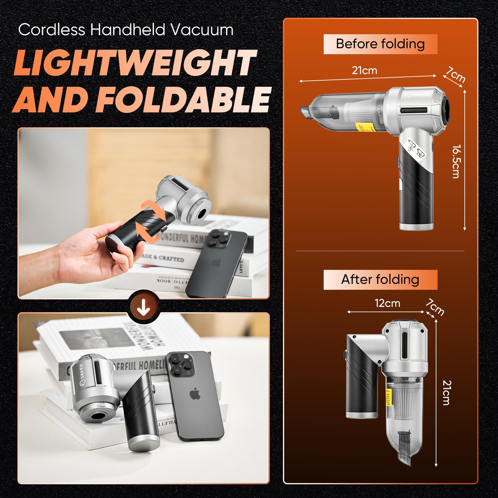 Saker Foldable Vacuum Cleaner Portable Cordless17000Pa-Vacuum Cleaner And Dust Blower 3 In 1 Mini Handheld Rechargeable Vacuum W