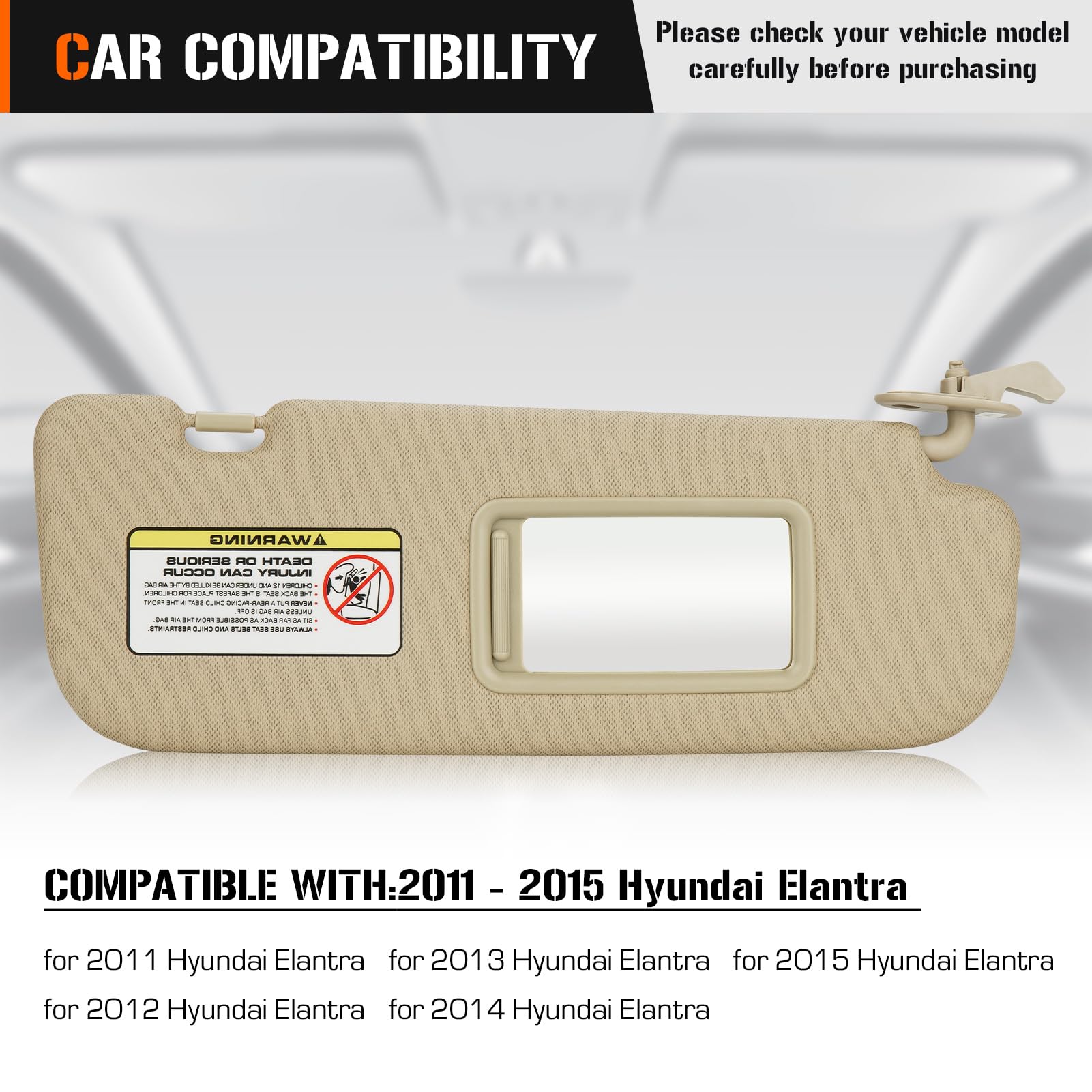 Left & Right Sun Visor for 2011-2015 Hyundai Elantra, Driver & Passenger Side Beige Sunvisor Replacement 852103X000TX 852203X000