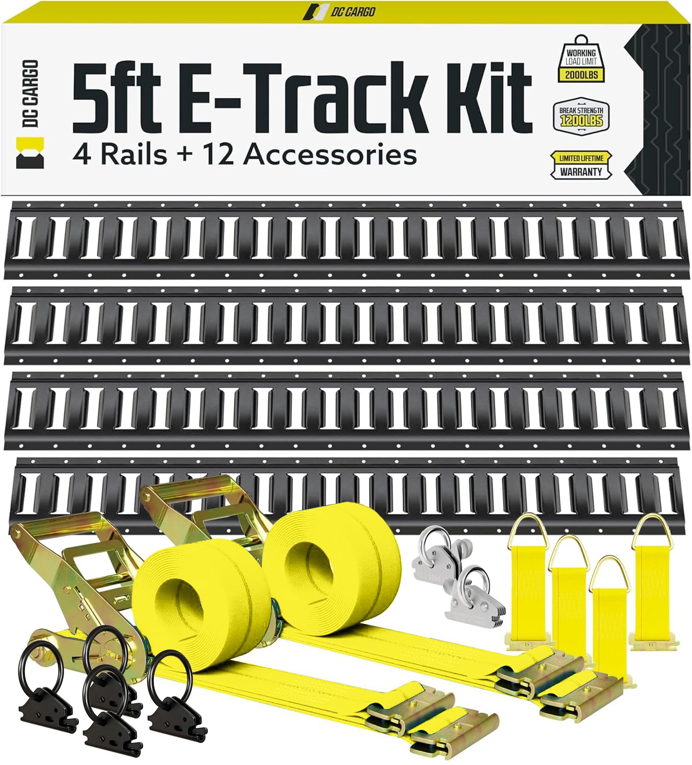 DC Cargo Mall Indoor E Track Tie-Down Rail Kit, 16PCS 5FT E-Tracks Set Includes 4 Powder-Coated Rails & 2 X 12 Foot Ratchet Stra