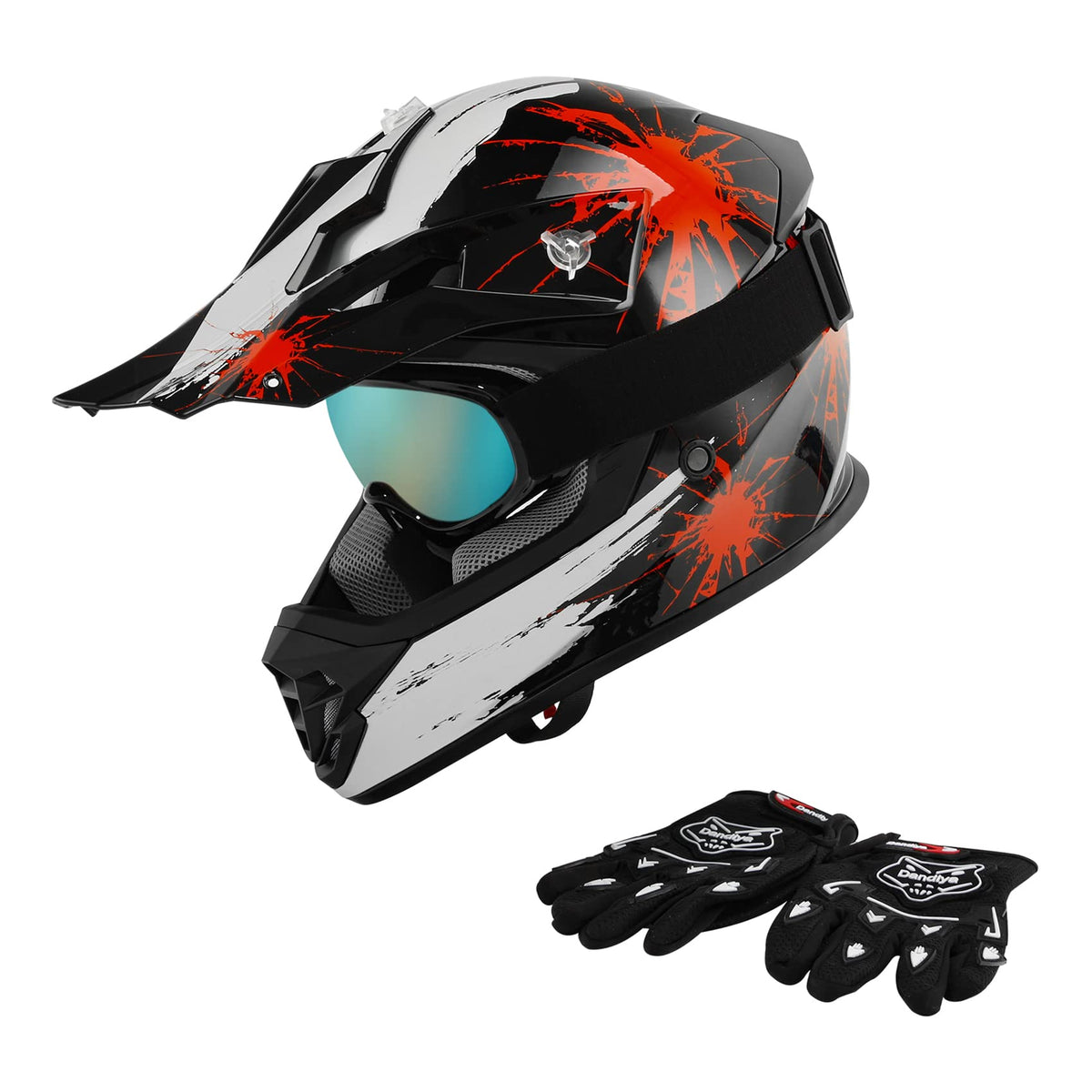 Xfmt Dot Youth Kids Motocross Offroad Street Dirt Bike Helmet Goggles Gloves Atv Mx Helmet, Black Red Firework