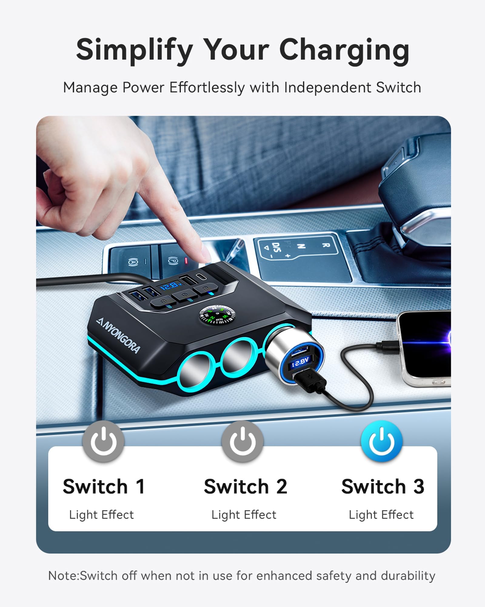 Anyongora Cigarette Lighter Splitter, 120W Car Charger Adapter with USB & PD, 7 in 1 Multi Port Power Plug with Independent Swit