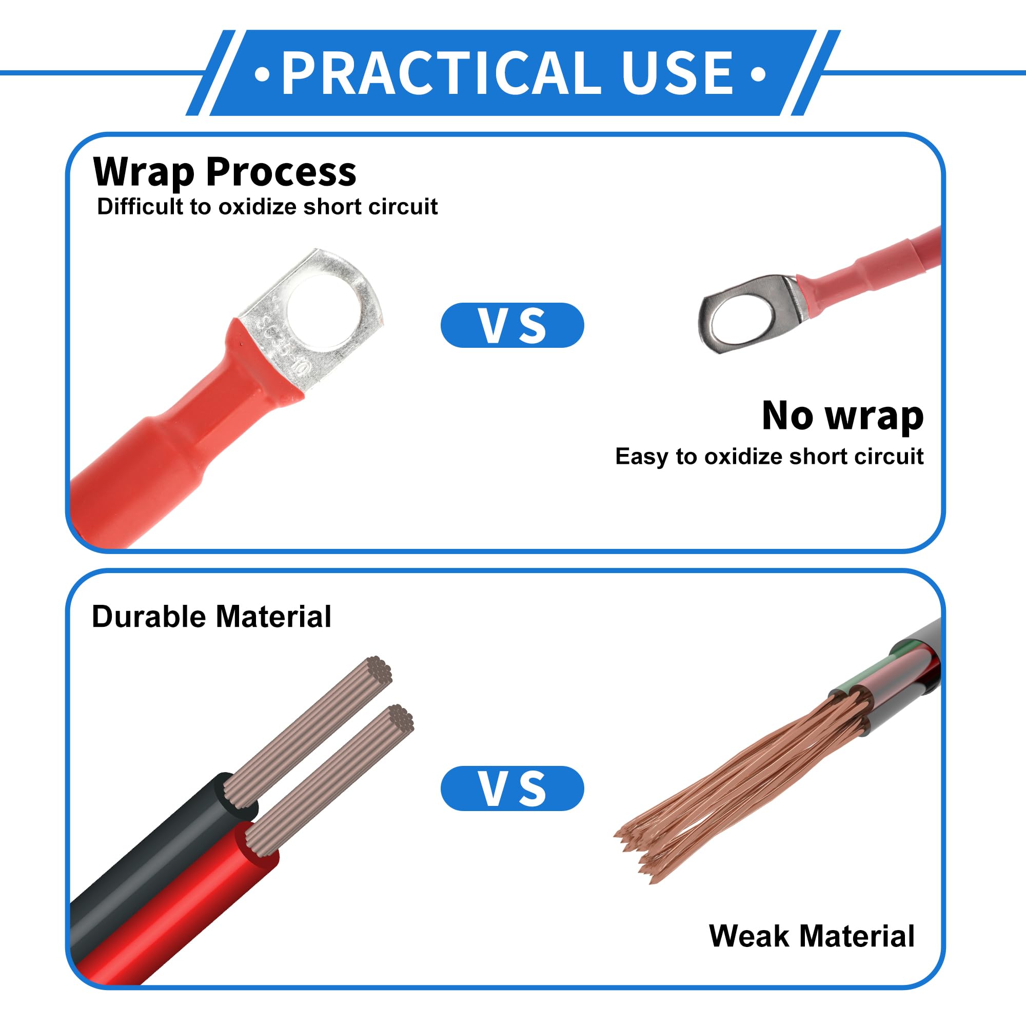 VekAuto 1 Pc Battery Inverter Cable 2 AWG Gauge 4FT 3/8'' Lug 5/16'' Lug Battery Cable Universal for Car Vehicle Boat RV Solar T