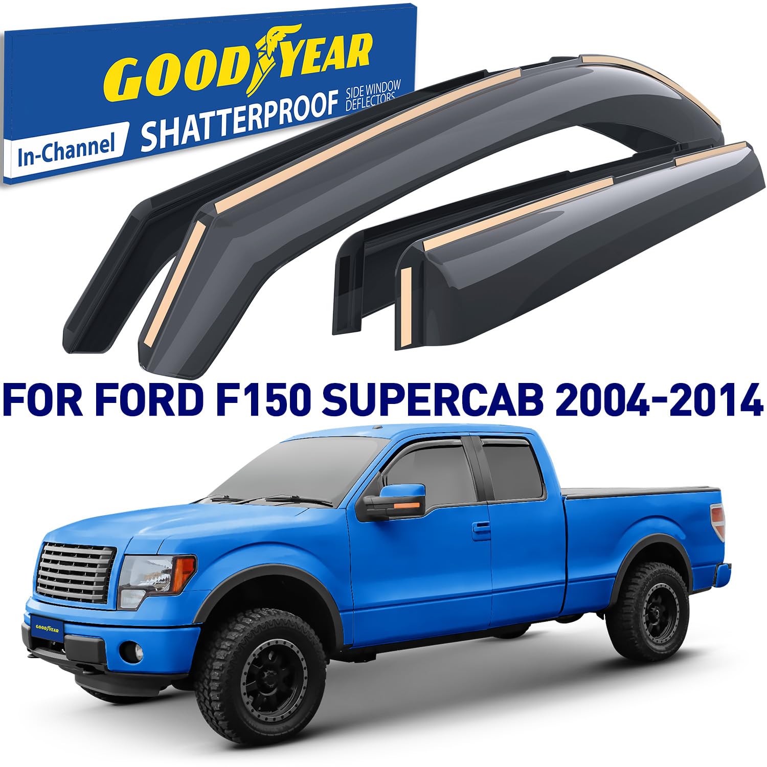 Goodyear Shatterproof In-Channel Window Deflectors For Trucks Ford F150 2004-2014 Supercab, Rain Guards, Window Visors, Vent Def