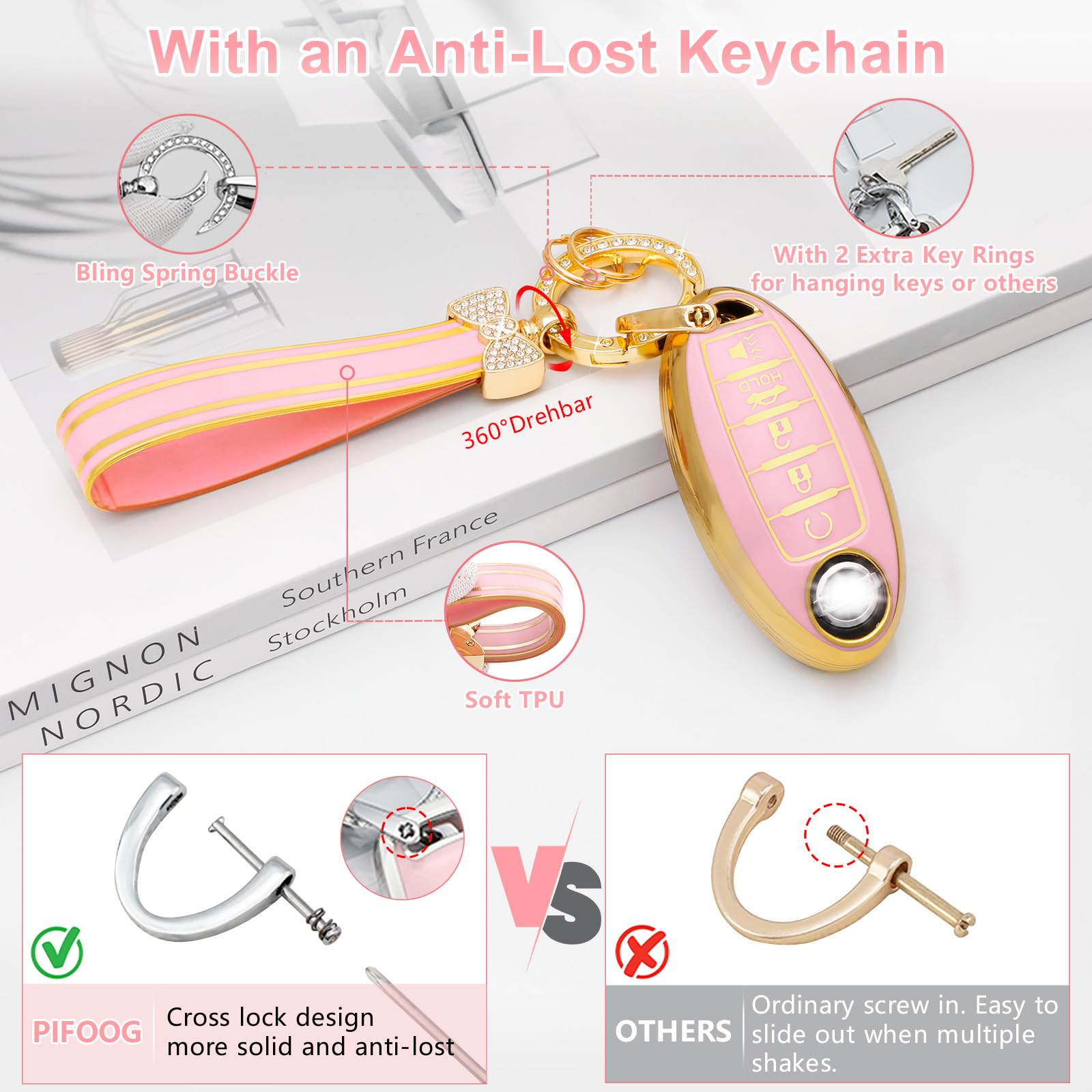 Pifoog Pink Key Fob Cover For Nissan 5 Button Altima Sentra Rogue Maxima Armada Murano Pathfinder Versa Accessories Car Keys She