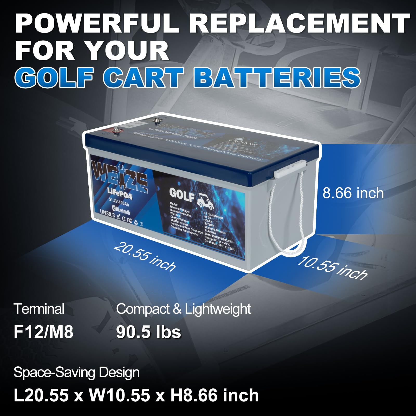 Weize 48V 105Ah Golf Cart Bluetooth Lifepo4 Battery (Replace 6X8V Gc8) With 48V 18A Lithium Batteries Charger, 200A Bms, Grade A