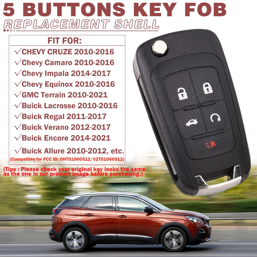 Key Fob Case Replacement 5 Button For Chevy Cruze Camaro Impala Equinox Gmc Terrain Buick Regal Lacrosse 2010 2011 2012 2013 201