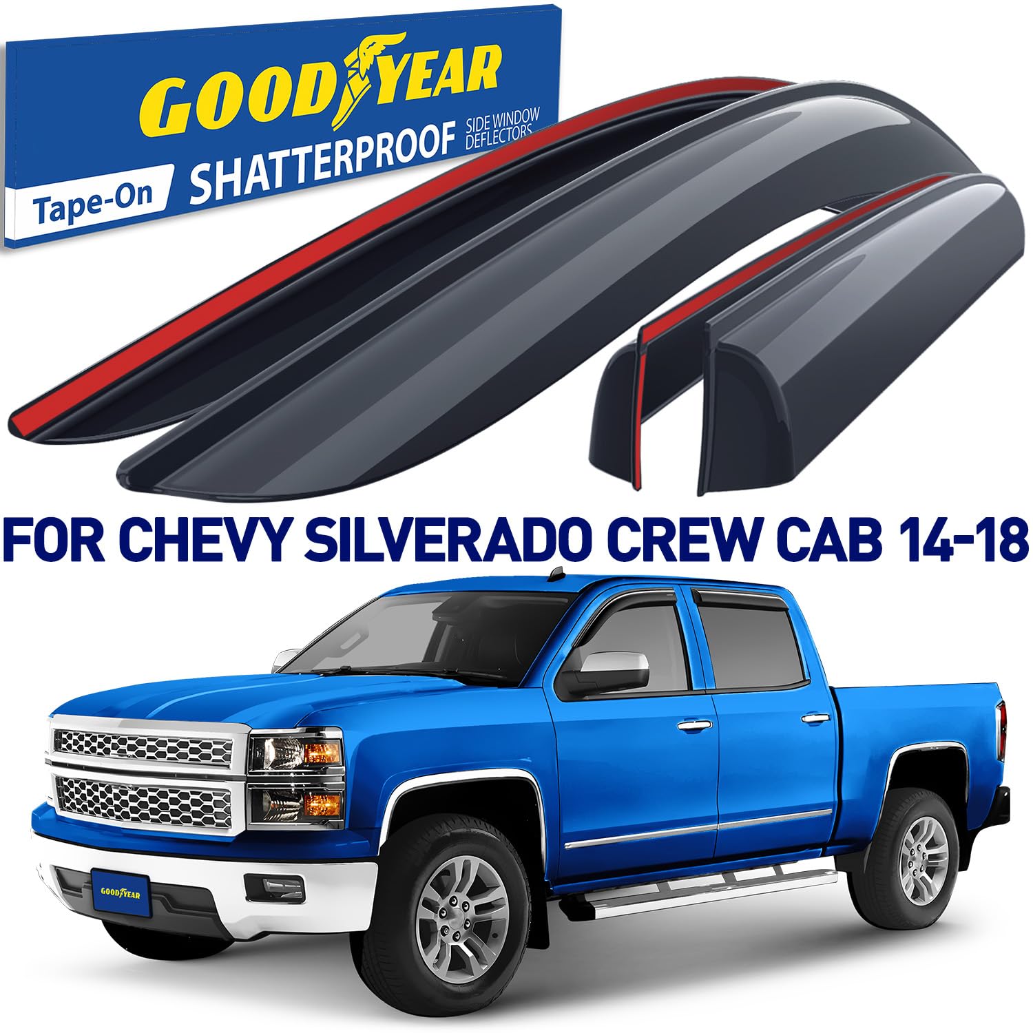 Goodyear Shatterproof Window Deflectors For Chevrolet (Chevy) Silverado/Gmc Sierra 2014-2018 Crew Cab, Tape-On Rain Guards, Wind