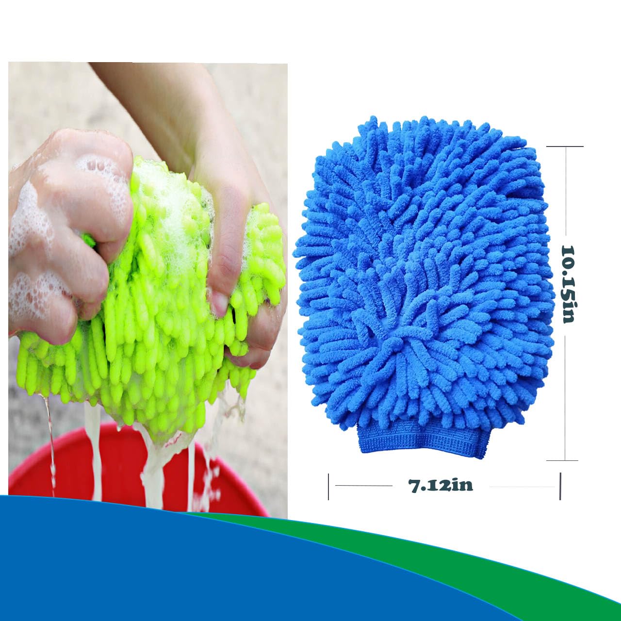 HeGangLy 2 Pack Car Wash Mitt Microfiber Chenille Car Wash Mitt Scratch Free for Cars Cleaning,Home Cleaning Mitts(Green/Blue).