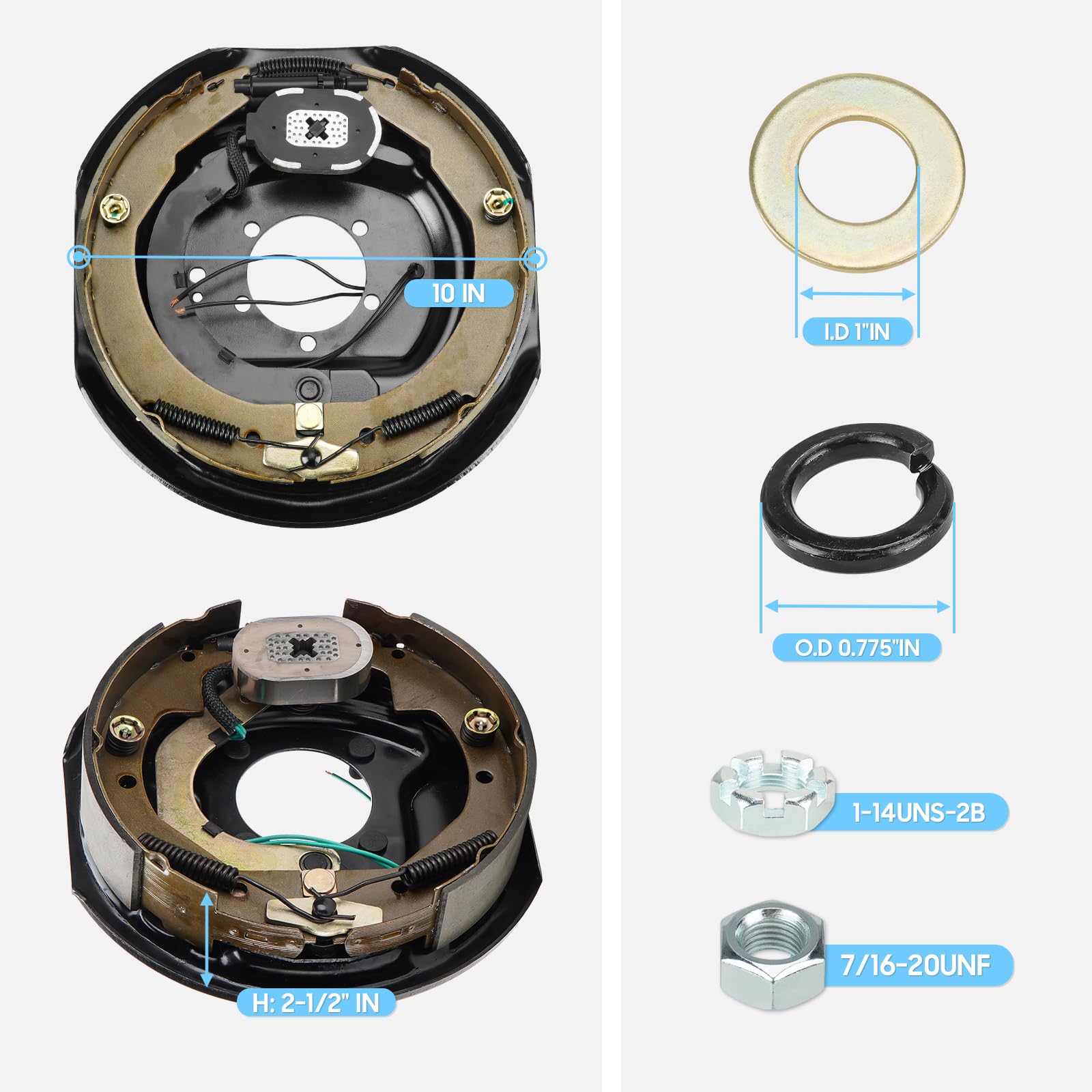 Trailer Axle Electric Brake Kit, Pair Of 5 Hole- 5'' Bolt Circle Brake Drum With 10'' X2-1/4'' Maual Adjusting Electric Brakes F