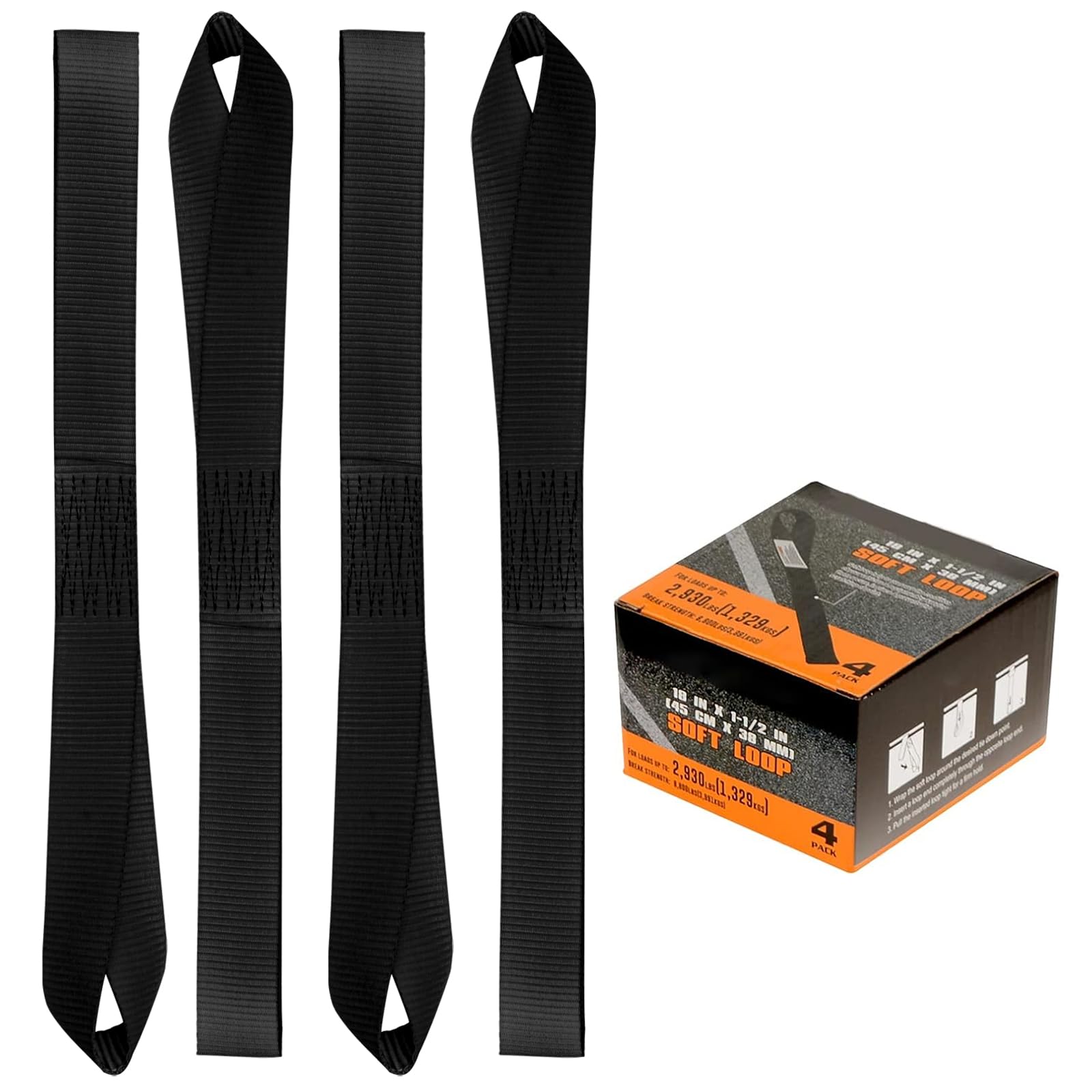 Soft Loop Tie Down Straps - 1.5 X 18 Inches, 8800Lbs Breaking Strength, Soft Loops For Securing Atv, Utv, Motorcycles, Scooters, Dirt Bikes, Lawn & Garden Equipment, 4 Pack (Black)