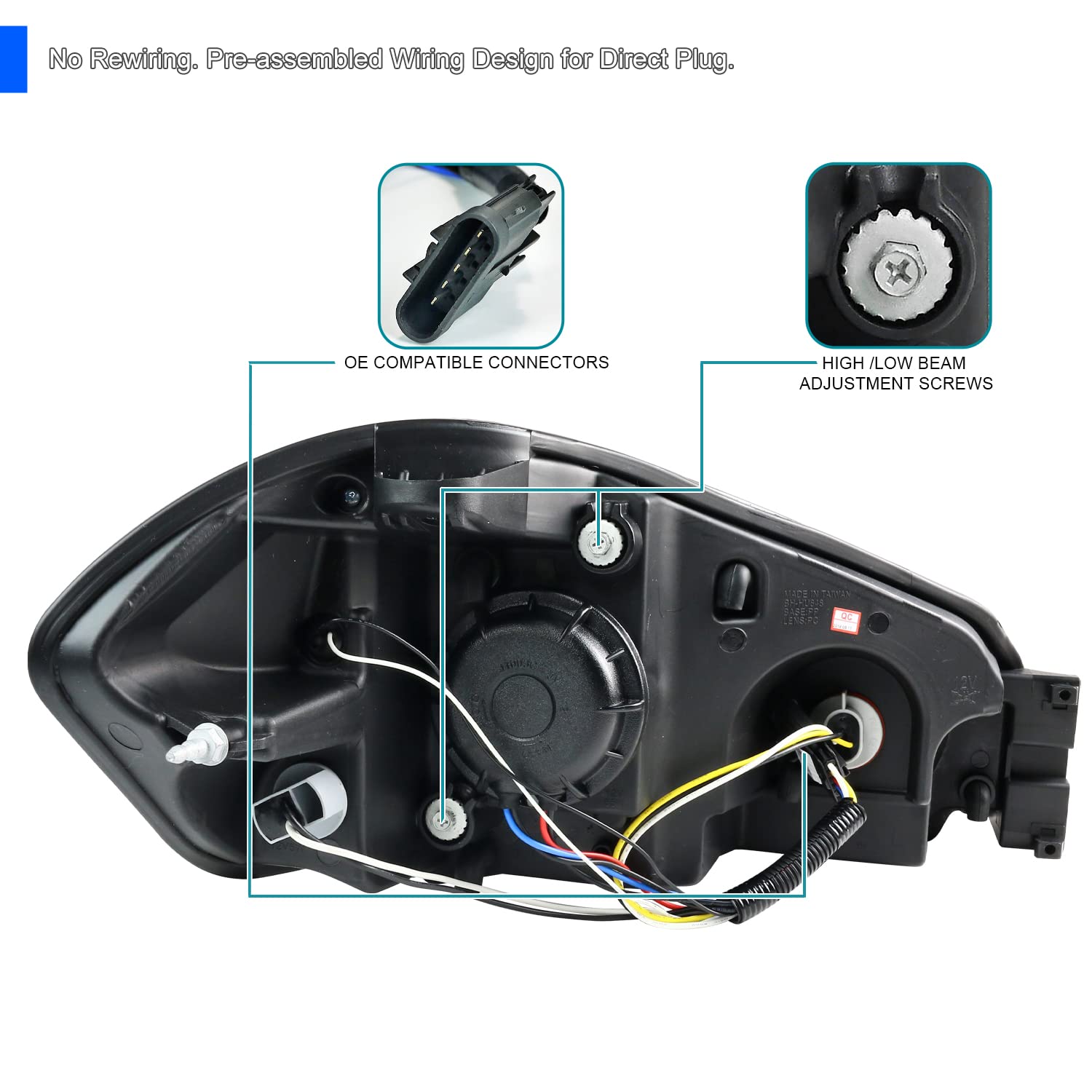 Spec-D Tuning Led Strip Bar Black Projector Headlights Compatible With 2006-2013 Chevy Impala, 2006-2007 Chevy Monte Carlo, 2014-2016 Chevy Impala Limited, Left + Right Pair Headlamps Assembly