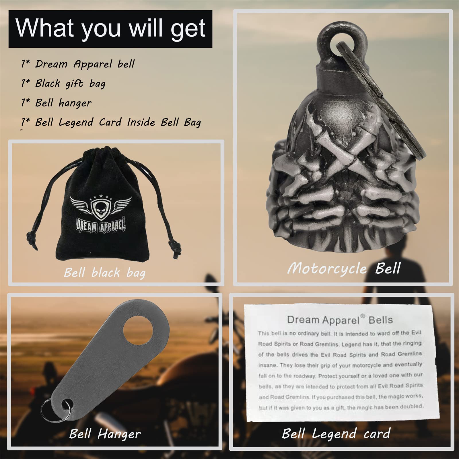 Dream Apparel Motorcycle ride bell for bikers,heavy spirit bells accessory and key chain for luck (DBL2-L Skeleton Hand Finger)