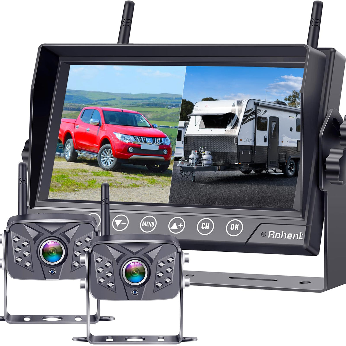 Rohent Rv Backup Camera Wireless Hd1080P 2 Cameras With 7 Inch Touch Key Dvr Monitor Stable Digital Signals Rear View Camera System Ip69K Waterproof Pigtail Wire Adapter For Furrion Pre-Wired Rvs R8
