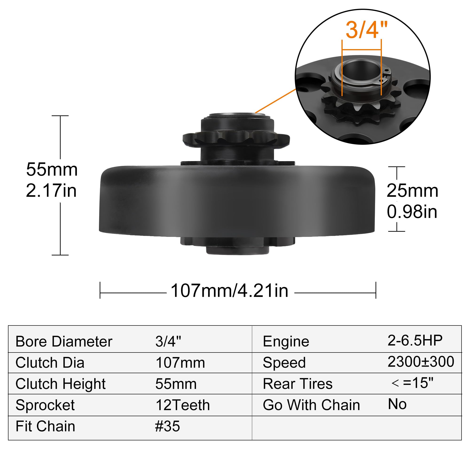 Lotfancy Go Kart Clutch 3/4 Bore 12T For #35 Chain, Predator 212 Engine Centrifugal Clutch, With Screws Allen Wrench Clutch Bolts And Nuts Kit