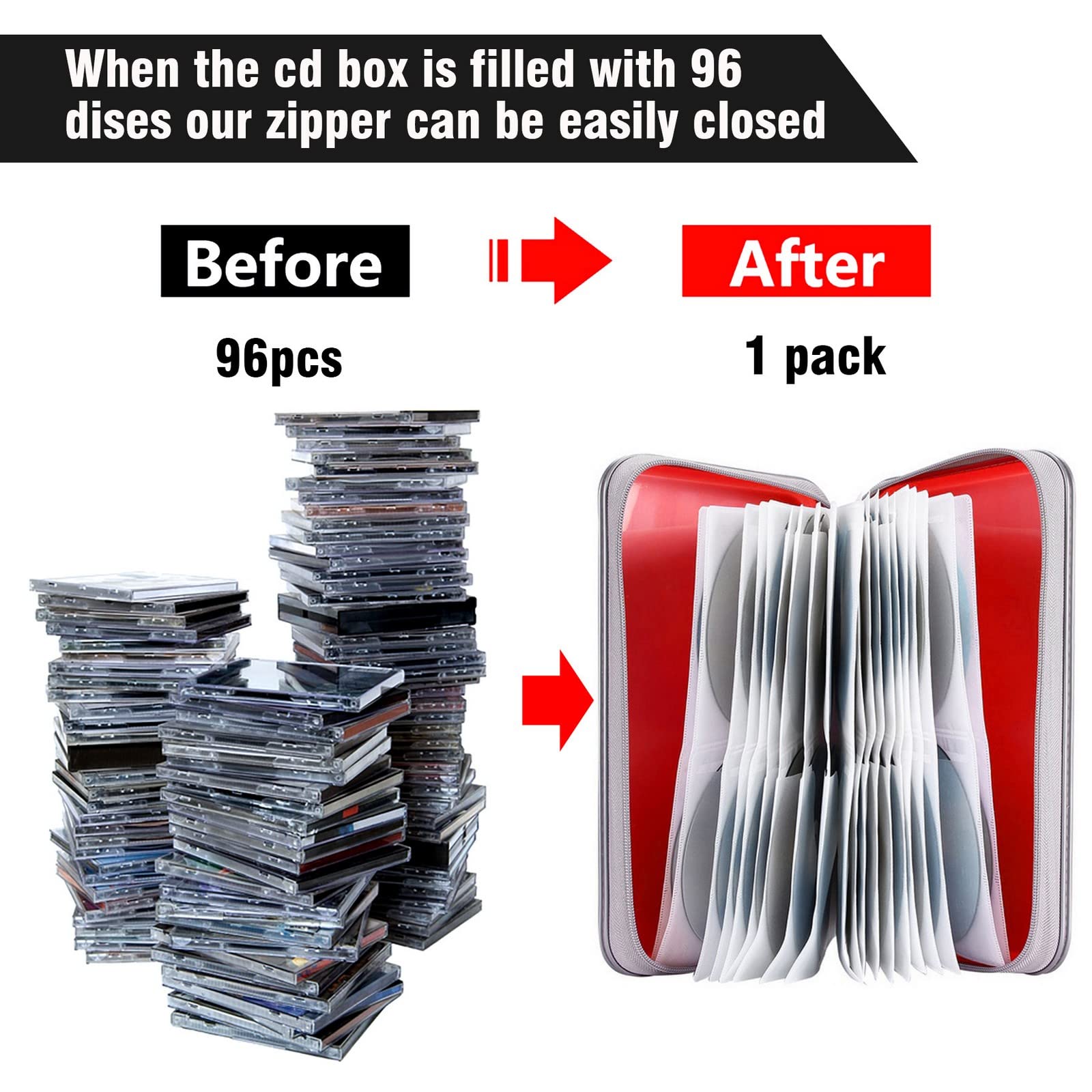 Cd Case, Siveit Dvd Case Holder 96 Capacity Hard Plastic Cd Dvd Disc Cases Storage Binder Wallet For Car Home Office Travel (Red