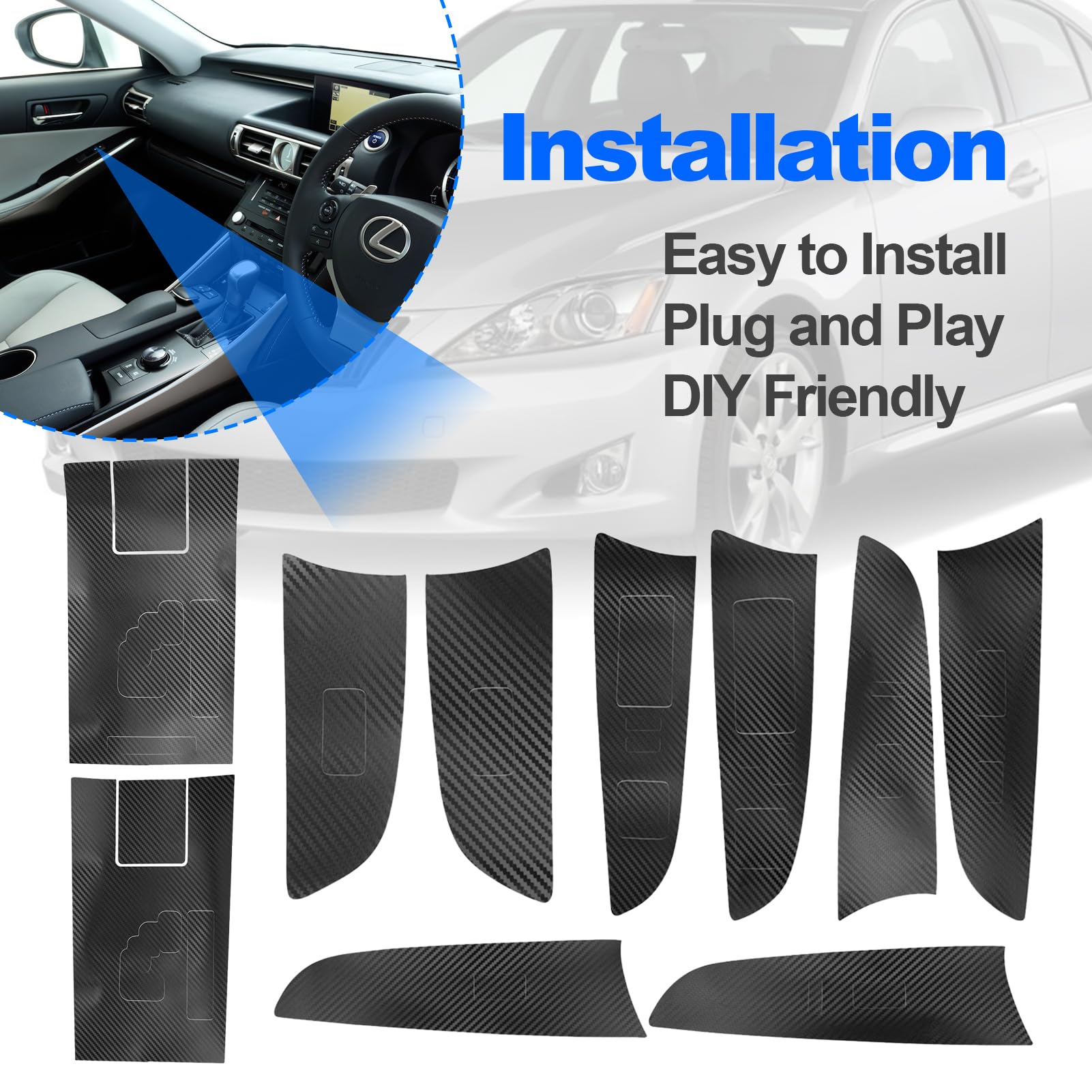 Culmkari Black Carbon Fiber Stickers Cover Trim Compatible With 2006-2012 Lexus Is250 300 350 Gear Shift Box Panel Door Handle