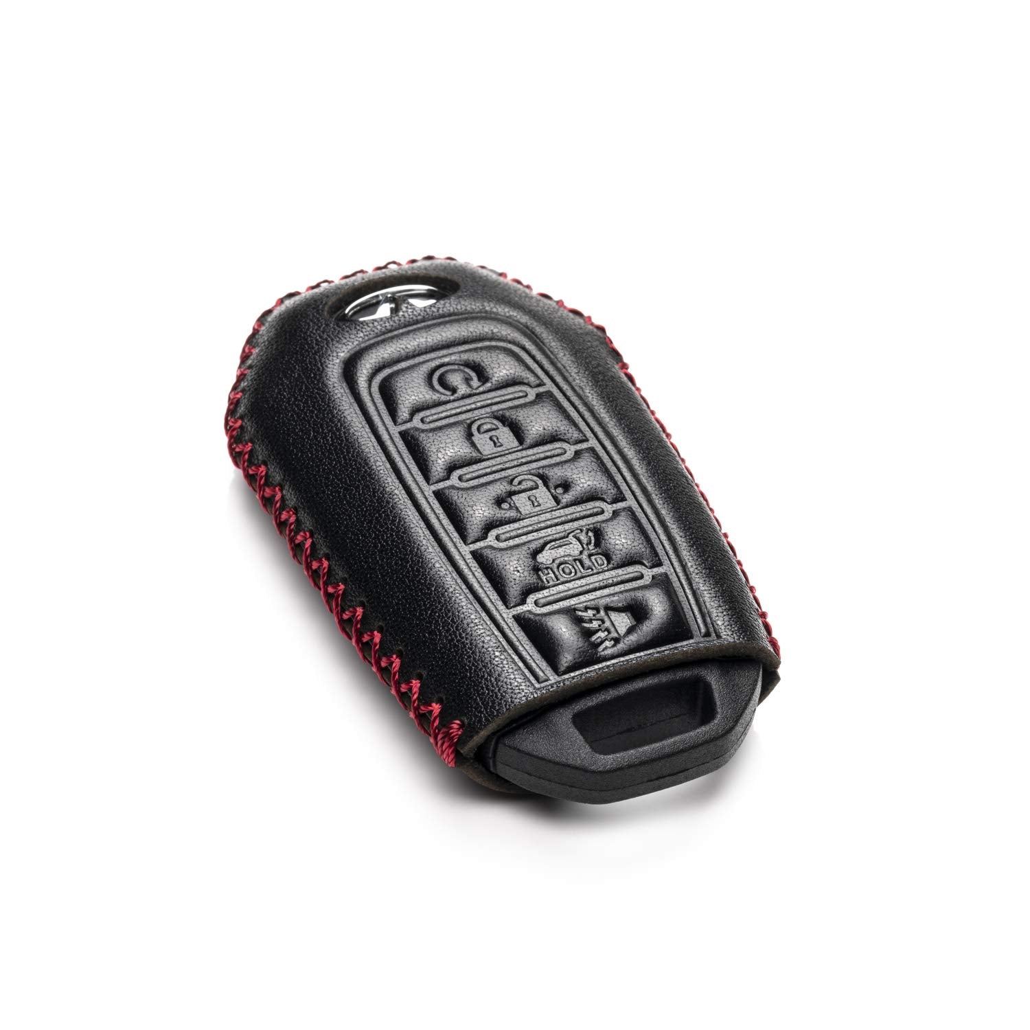 Vitodeco Leather Smart Key Fob Case Cover Protector Compatible for 2018-2025 Infiniti QX60, QX50, 2022-2023 Infiniti Q50, Q60, 2023-2025 Infiniti QX55 (5-Button, Black/Red)