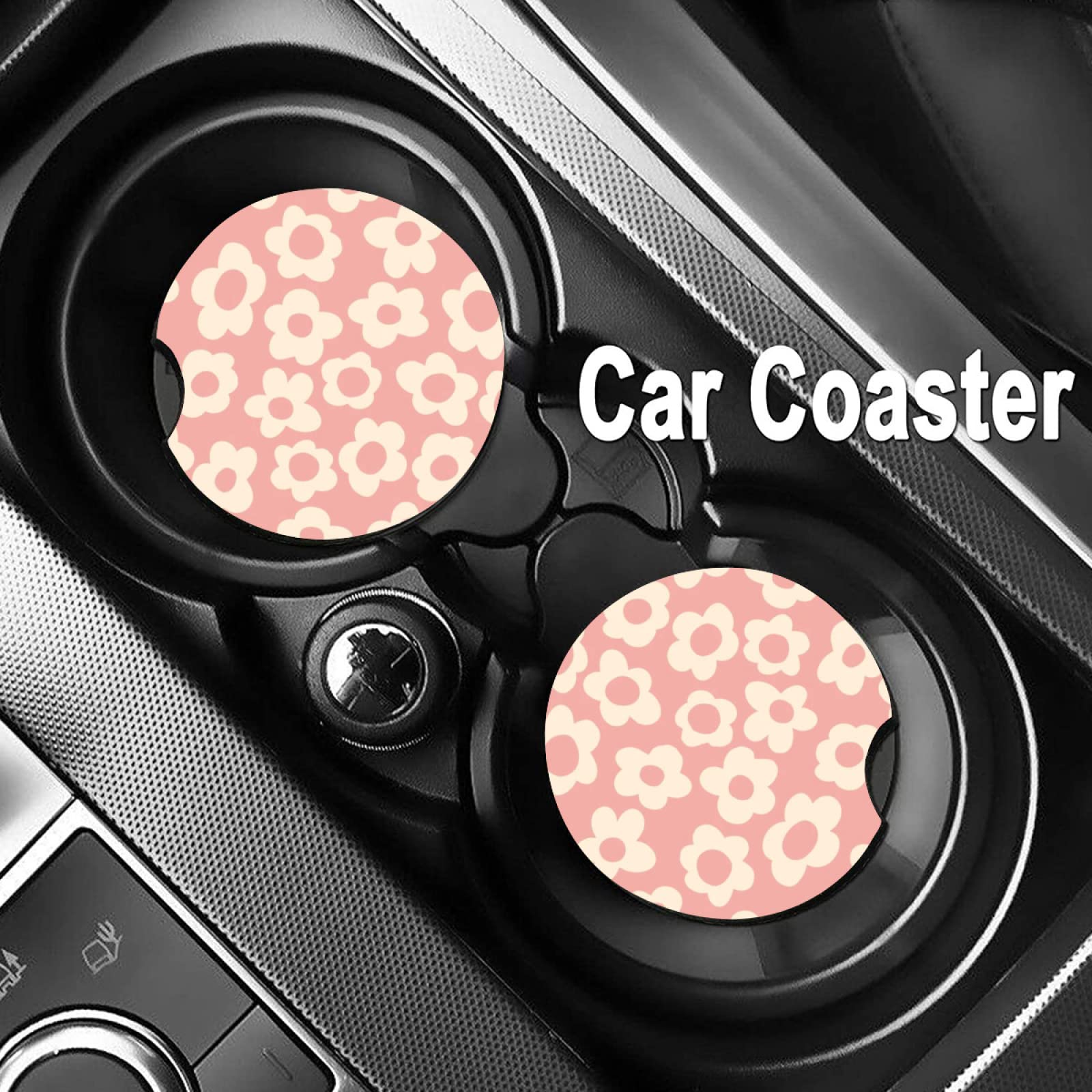 Abstract Pink Flower Absorbent Car Cup Coasters,Cup Holders,Cork Base Drink Coasters With Finger Notch For Easy Move Of Car Cup