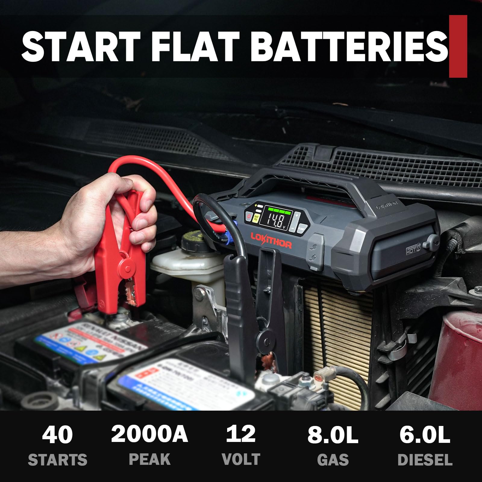 Lokithor Ja301 Jump Starter With Air Compressor, 2000Amp 12V Portable Car Battery Booster Pack For Upto 8.0L Gas Or 6.0L Diesel,