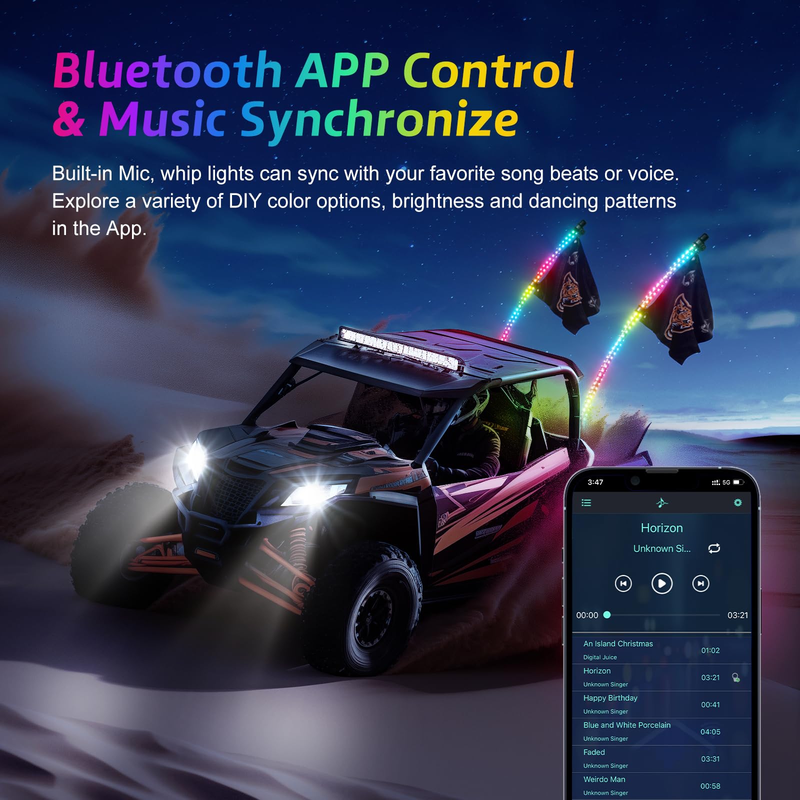 Ehaho 5FT LED Whip Lights with App & Remote Control, Aluminum, Spiral RGB Chasing, 2PC Set