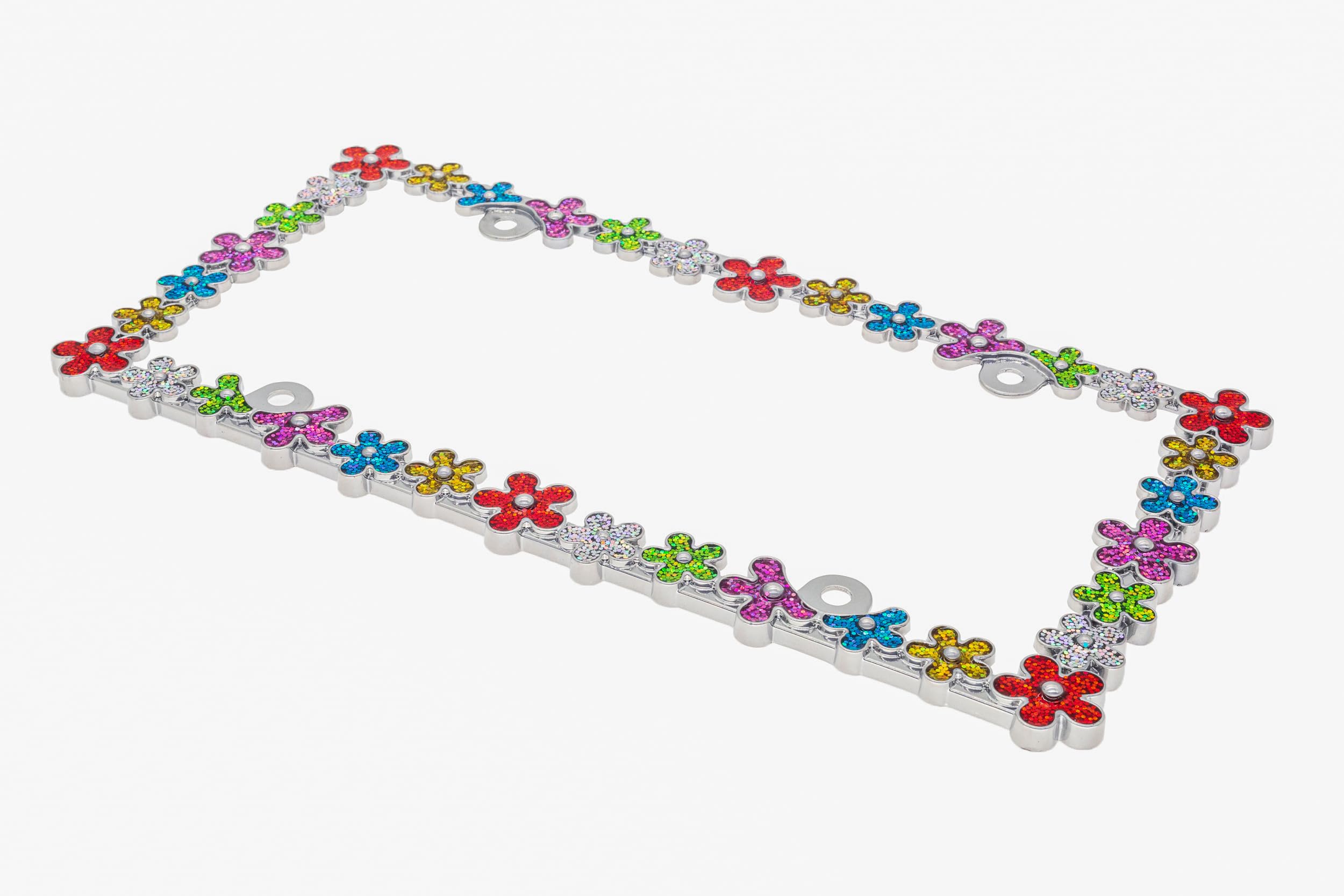 Creathome 3D Shining Daisy License Plate Frame - Chrome Zinc Alloy with Colorful Glitter, Perfect for Stylish Car Decor