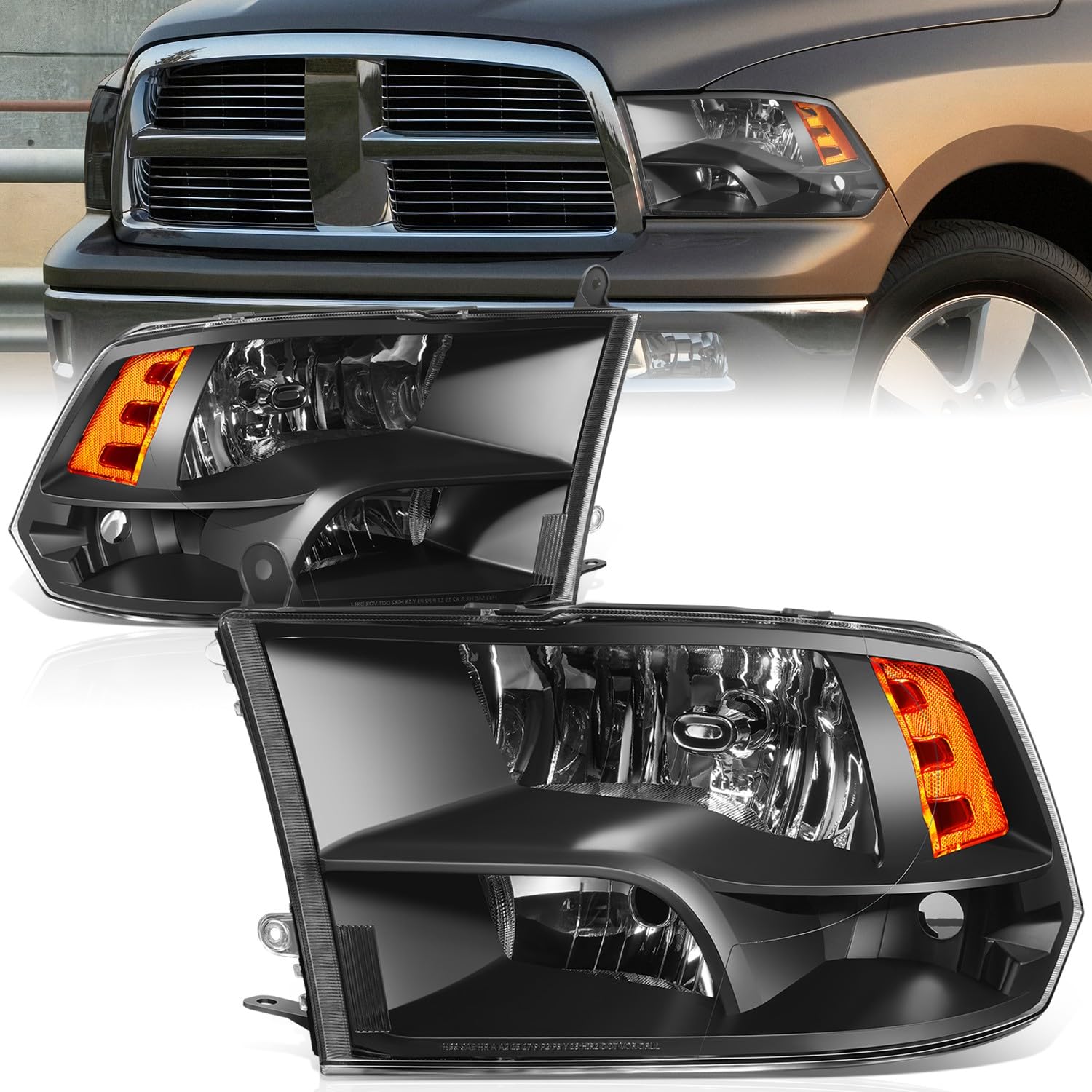 Auto Dynasty Quad Headlights Assembly Compatible With 2009-2010 Dodge Ram 1500-3500 New Body, 2011-2018 Ram 1500-5500, Halogen H