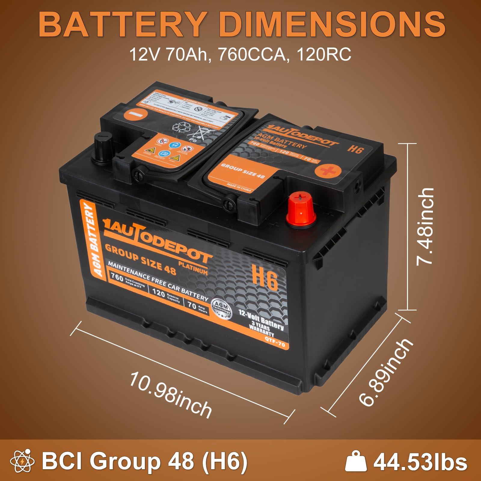 Bci Group 48 Car Battery, 12V 70Ah Size H6 Automotive Battery Premium Maintenance Free Agm Batteries, 760Cca, 120Rc, 36 Months W