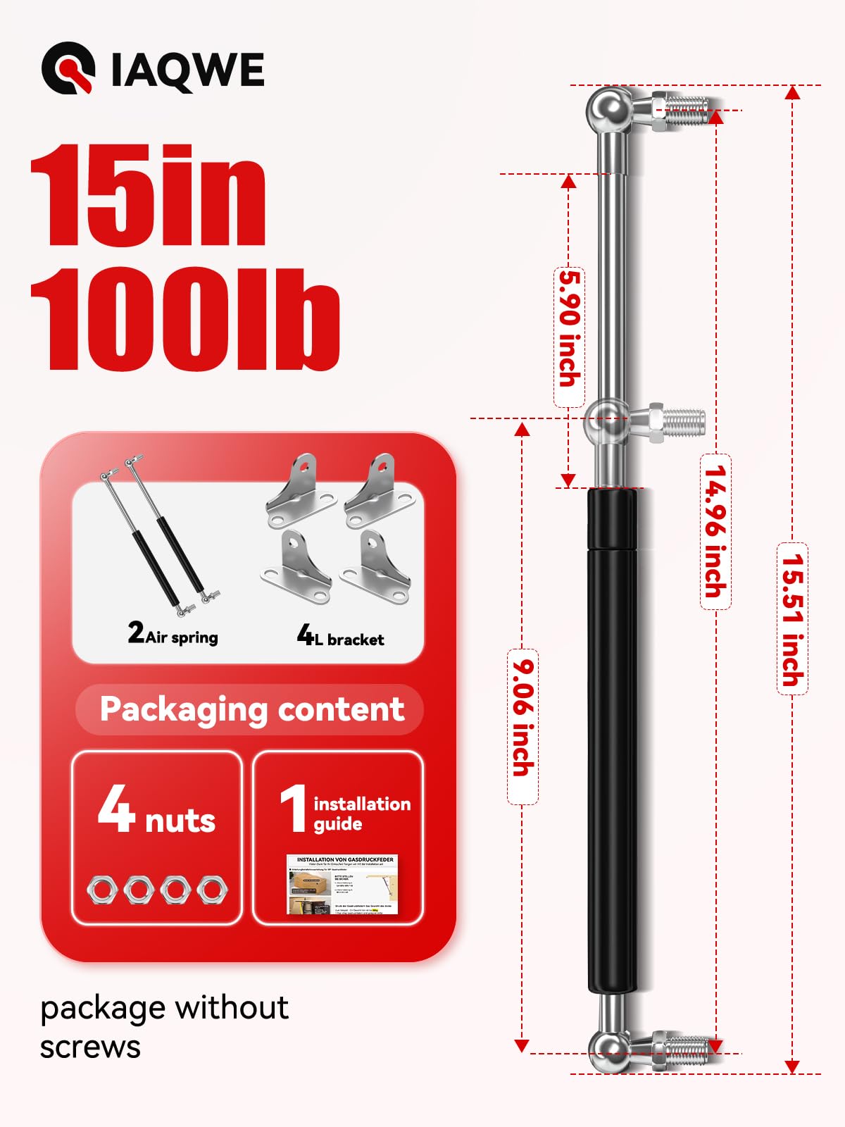 15Inch 100Lbs/ 445N Lift Support Gas Struts Spring Shock with L Brackets for RV Bed Heavy Duty TV Cabinet Window Toolbox Lid Flo