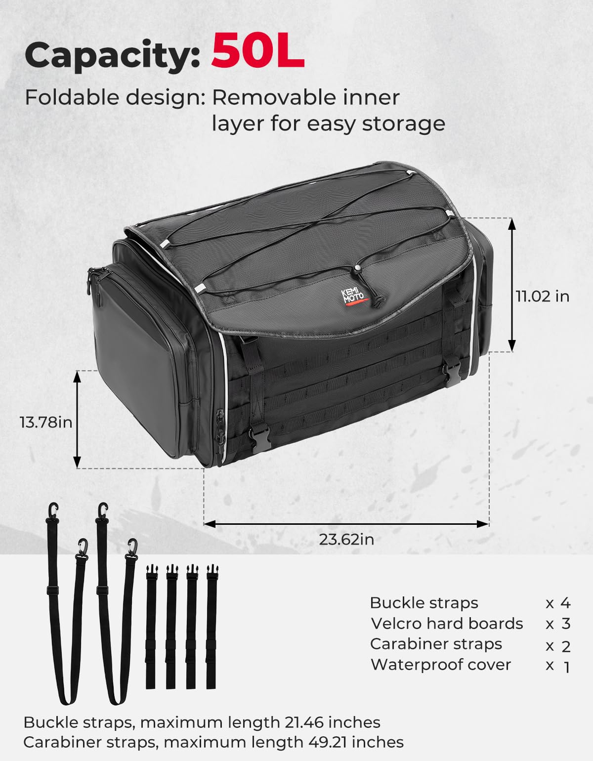 KEMIMOTO Motorcycle Tail Bag, Dual Use Motorcycle Rear Seat Bag with Waterproof Rain Cover, 50L Expandable Motorbike Helmet Bag