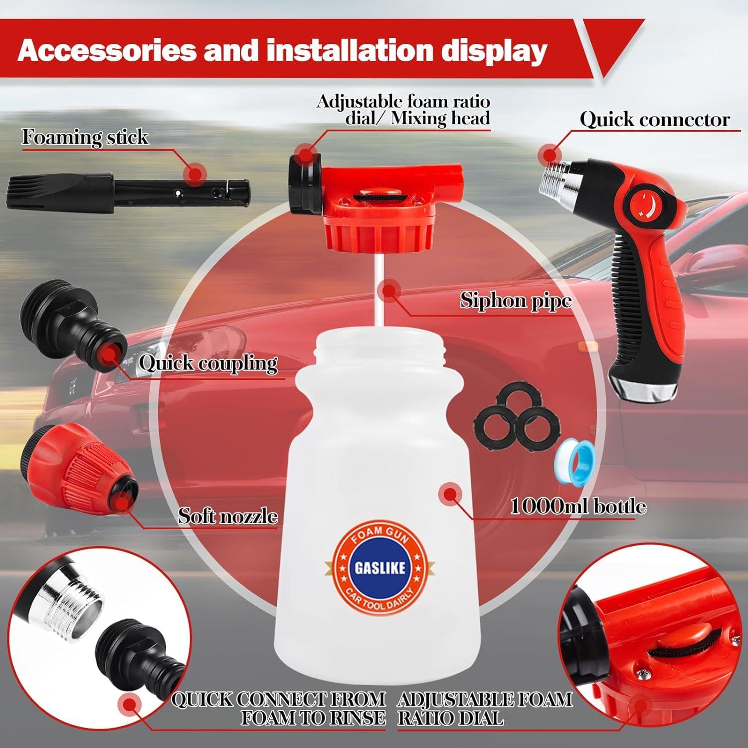 Gaslike 63Pcs Car Wash Cleaning Kit,Car Wash Brush With Long Handle,Car Detailing Kit With Foam Gun,Car Cleaning Supplies,Handhe