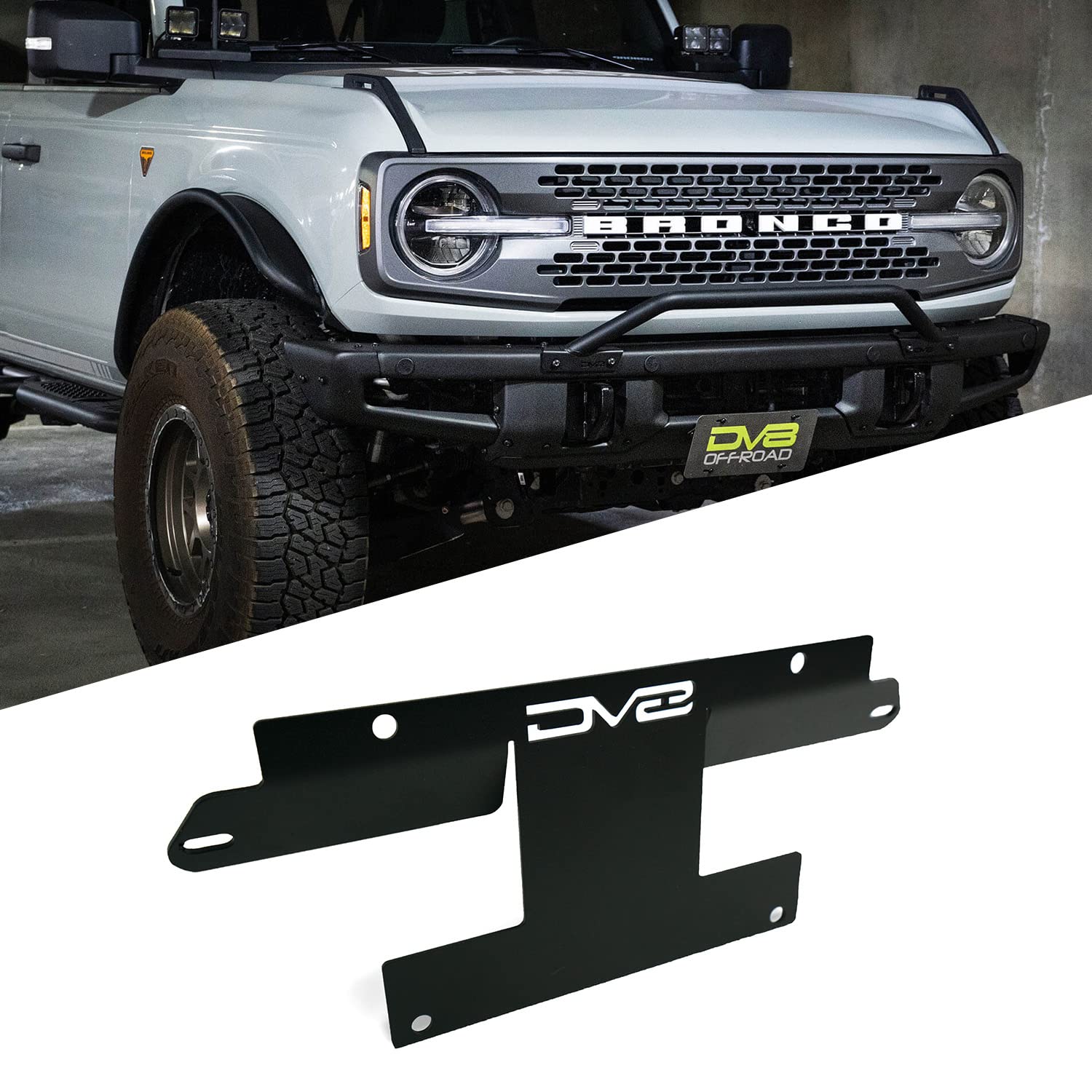 License Plate Relocation Bracket For 2021-2024 Ford Bronco & 2022-2024 Bronco Raptor | Oem Steel Front Bumper | Lower Center Mount | Keeps Grille Open | Quick & Easy Installation | Dv8 Offroad